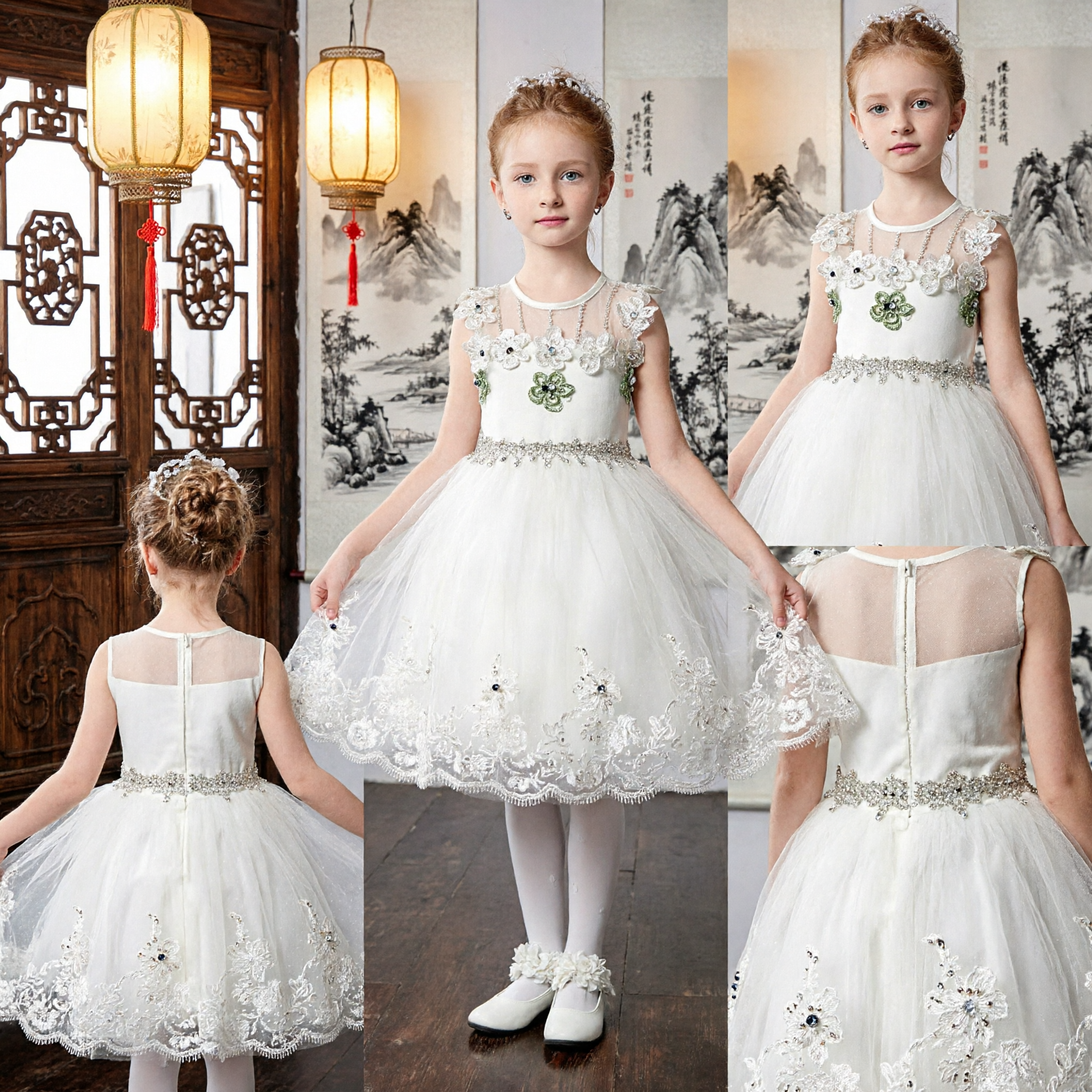 Elegant White Flower Girl Dress with Floral Lace Bodice and Tulle Skirt for Weddings and Pageants - Asian Costume