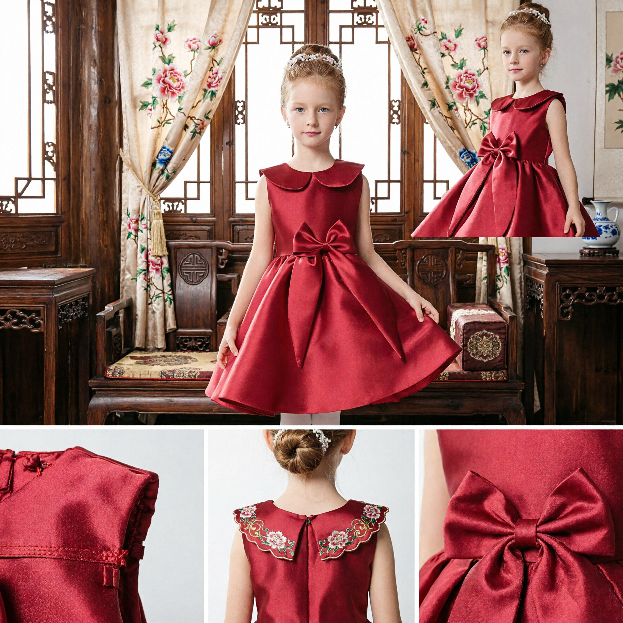 Girls Red Satin Flower Girl Dress with Large Bow and Peter Pan Collar for Weddings - Asian Costume