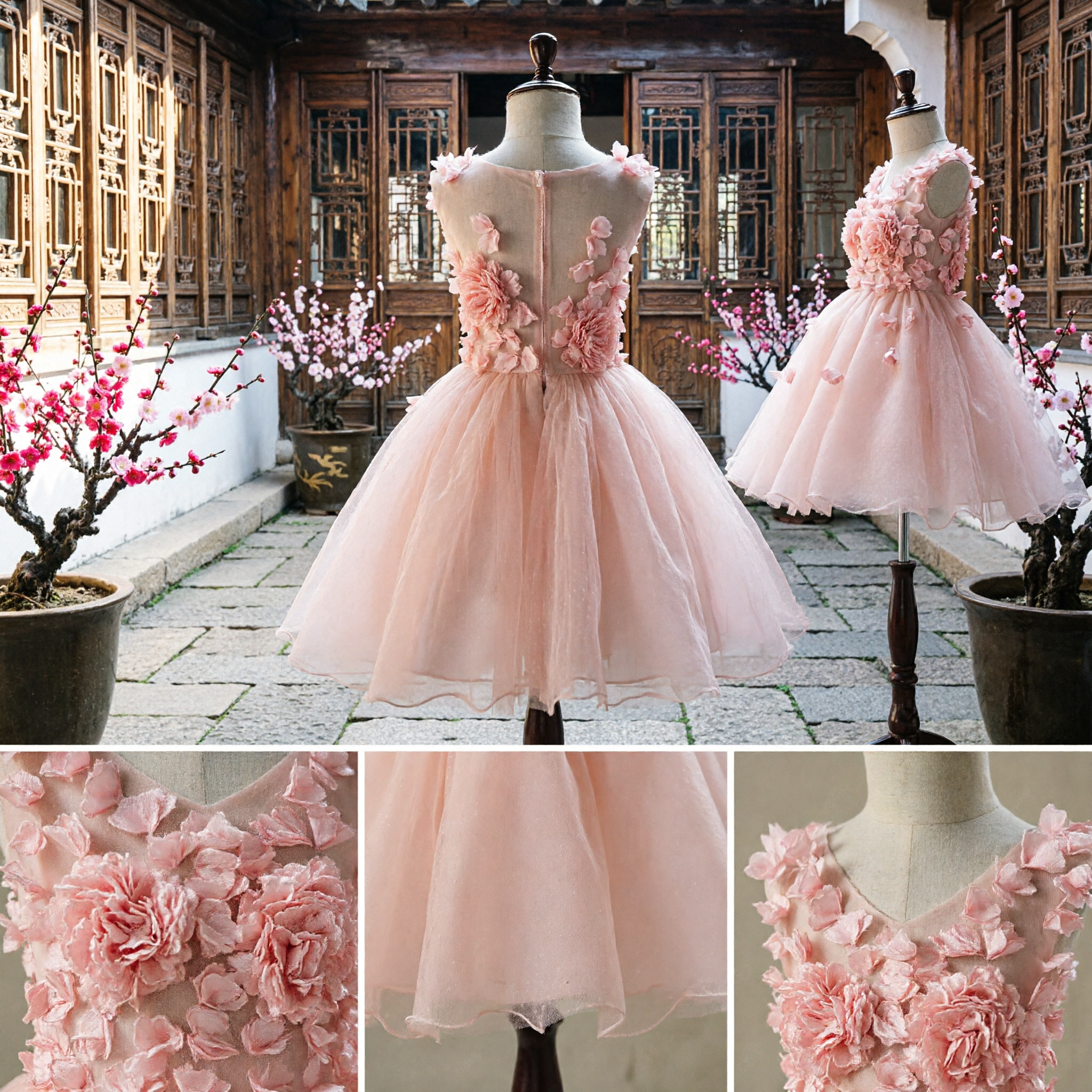 Girls Pink Flower Girl Dress Kids Wedding Party Gown 3D Floral Bodice Tulle Skirt Formal Wear - Asian Costume