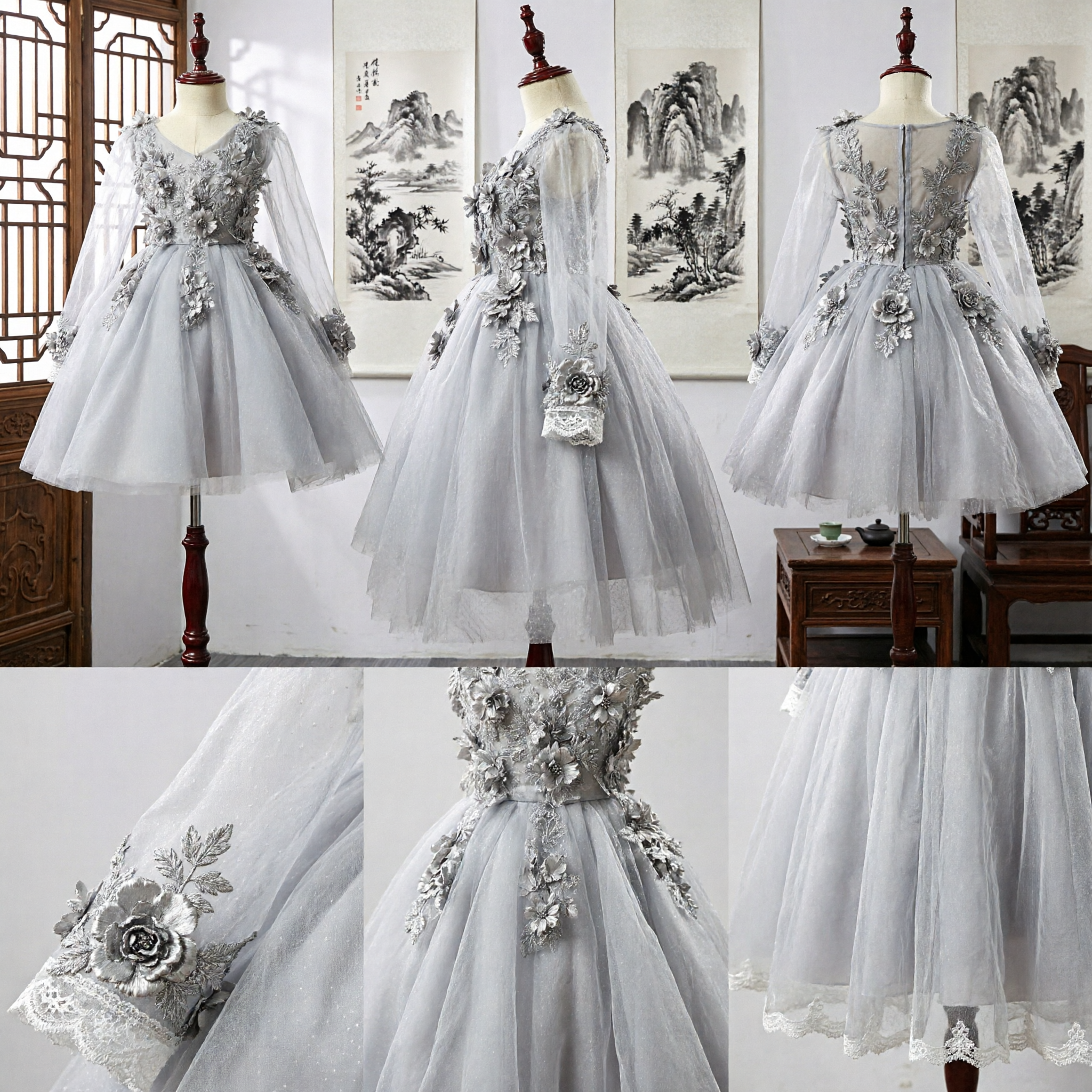 Silver Grey Long Sleeve Flower Girl Dress with 3D Floral Appliques Tulle Wedding Party Gown for Kids - Asian Costume