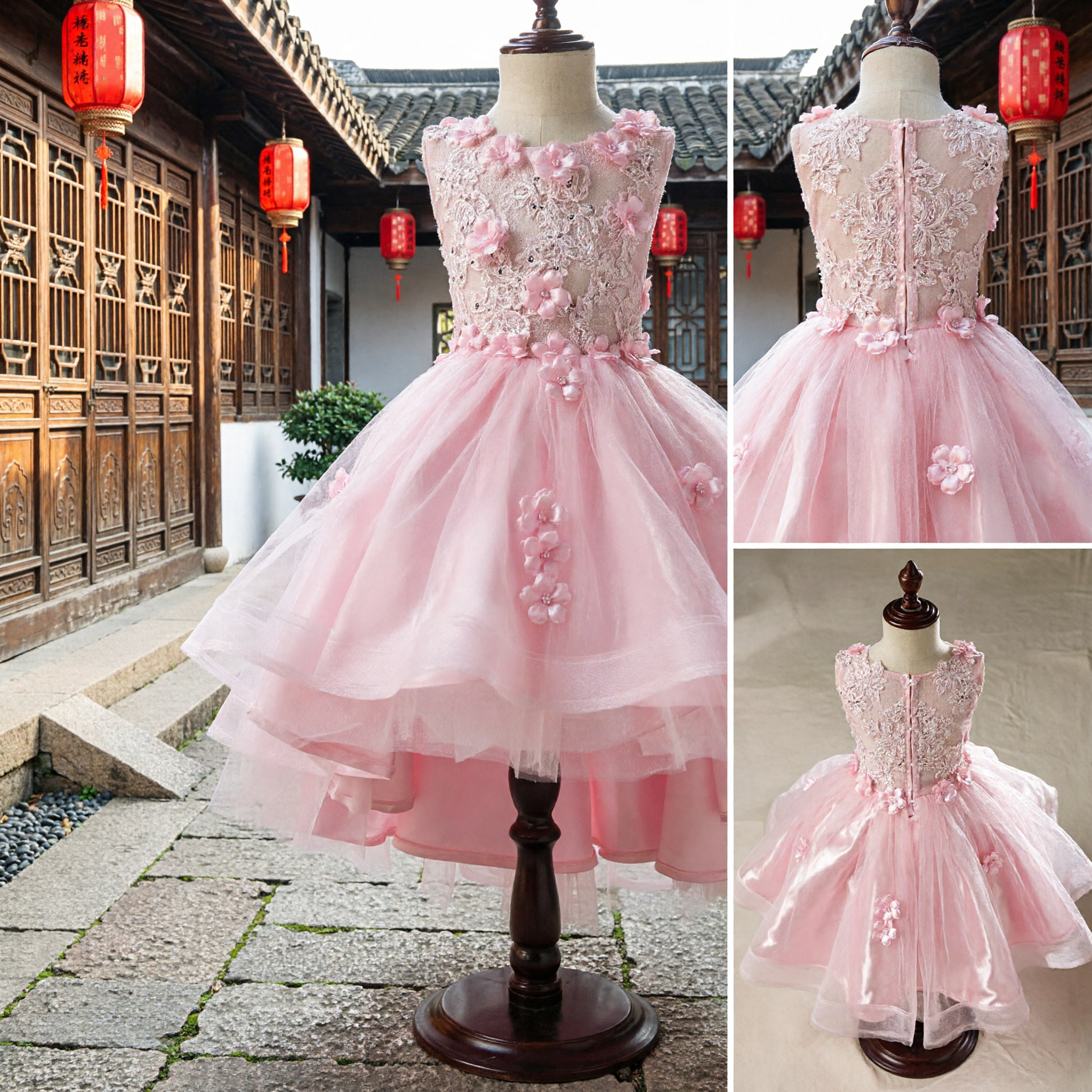 Sleeveless Pink Lace Flower Girl Dress Princess Tulle Ball Gown for Kids Wedding Party - Asian Costume
