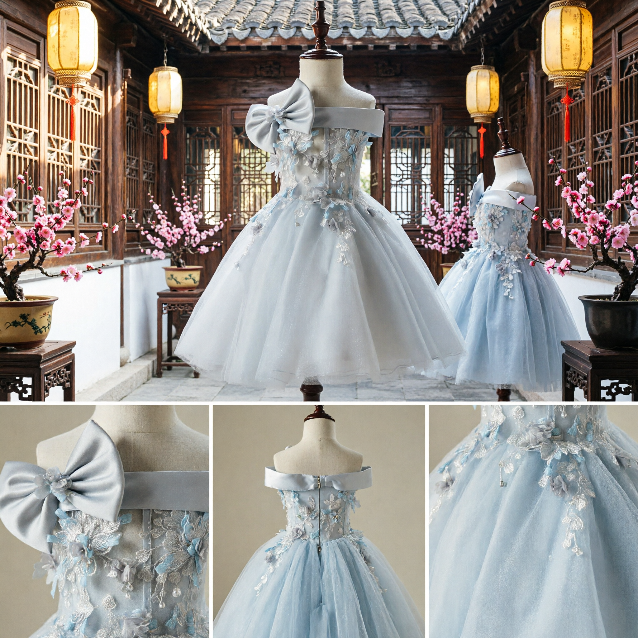 Elegant Girls One Shoulder Flower Girl Dress White Tulle Ball Gown with Large Bow for Wedding Party - Asian Costume