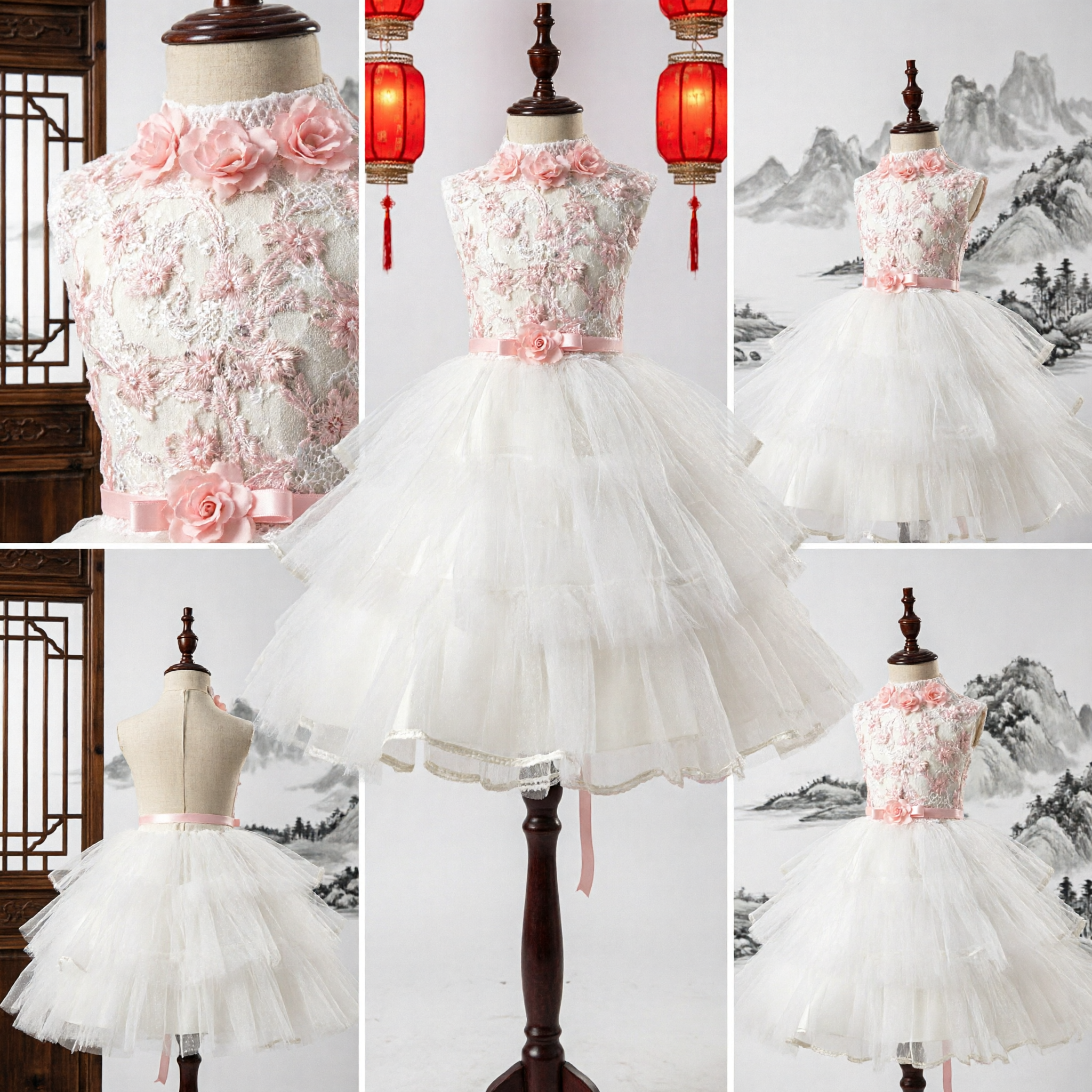 Girls White Pink Floral Embroidered Flower Girl Dress Tulle Tutu Skirt Wedding Party Gown - Asian Costume