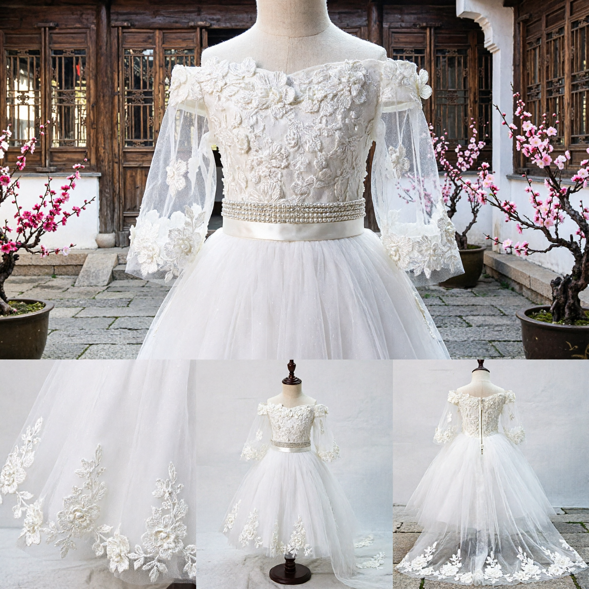 Elegant White Off-Shoulder Flower Girl Dress with 3D Floral Lace Appliques and Tulle Skirt for Weddings - Asian Costume