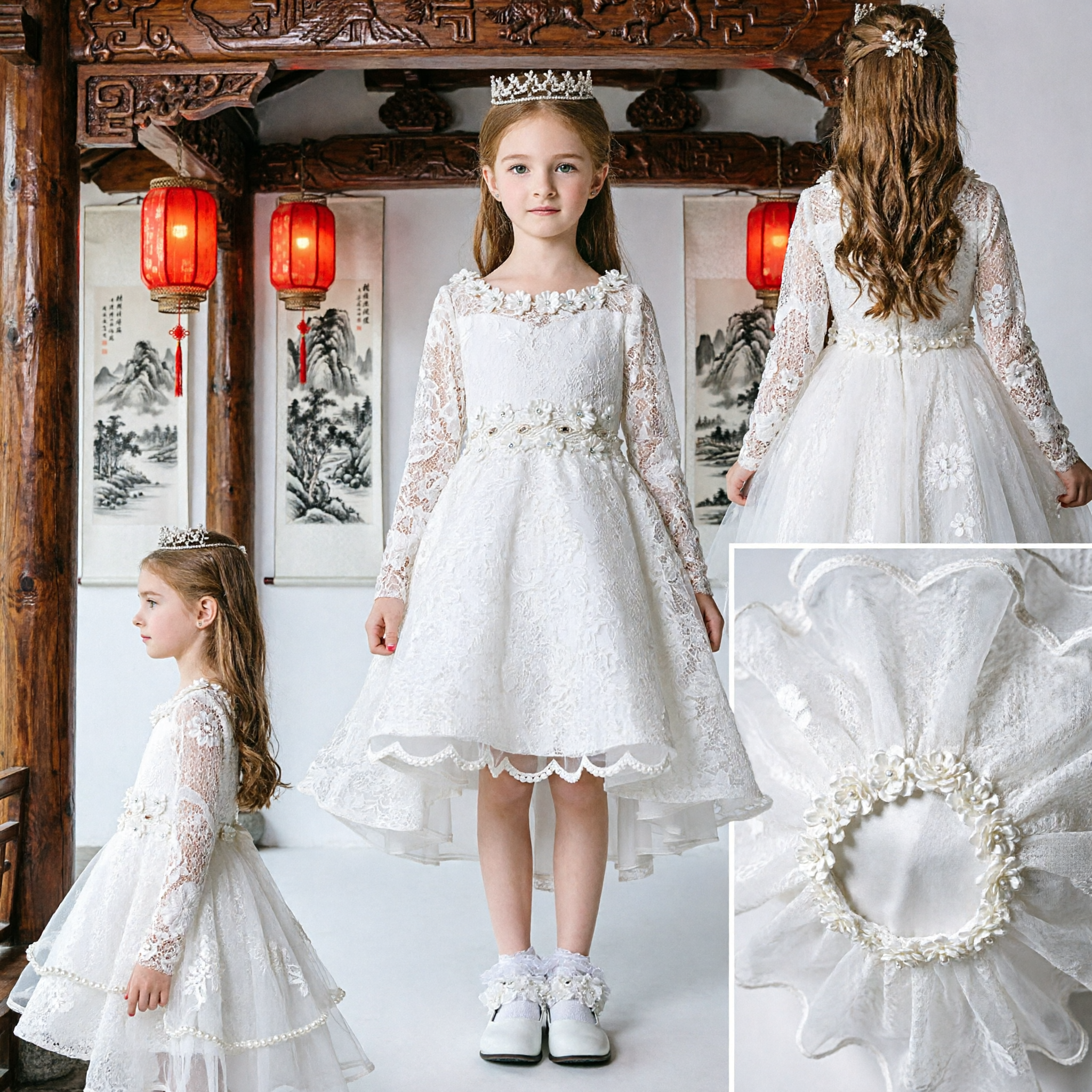 Elegant White Lace Long Sleeve High-Low Dress for Girls First Communion Flower Girl Pageant Gown - Asian Costume