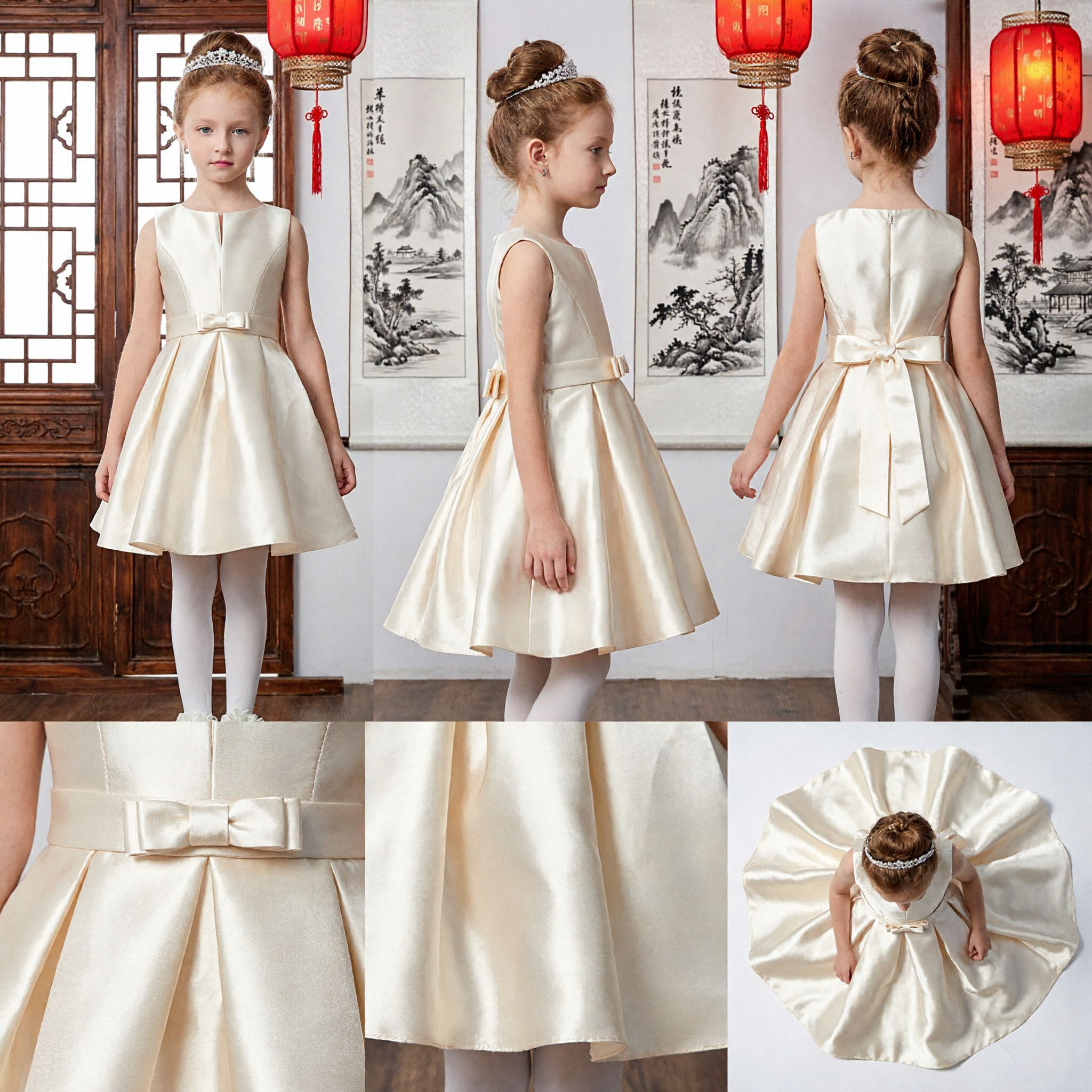 Elegant Ivory Satin Flower Girl Dress Sleeveless A-Line with Waist Bow for Wedding Party - Asian Costume