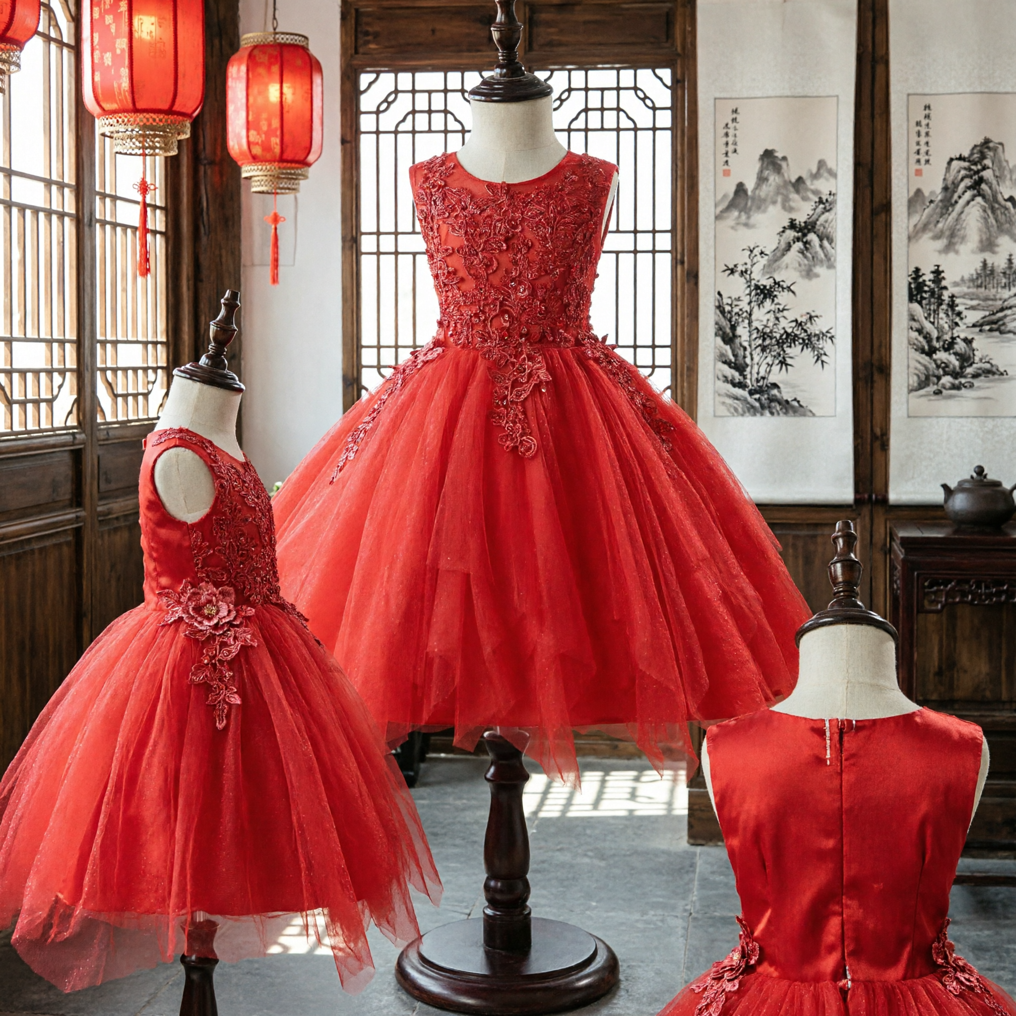 Elegant Red Flower Girl Dress Kids Wedding Party Gown Tulle Lace Applique Princess Outfit for Girls - Asian Costume