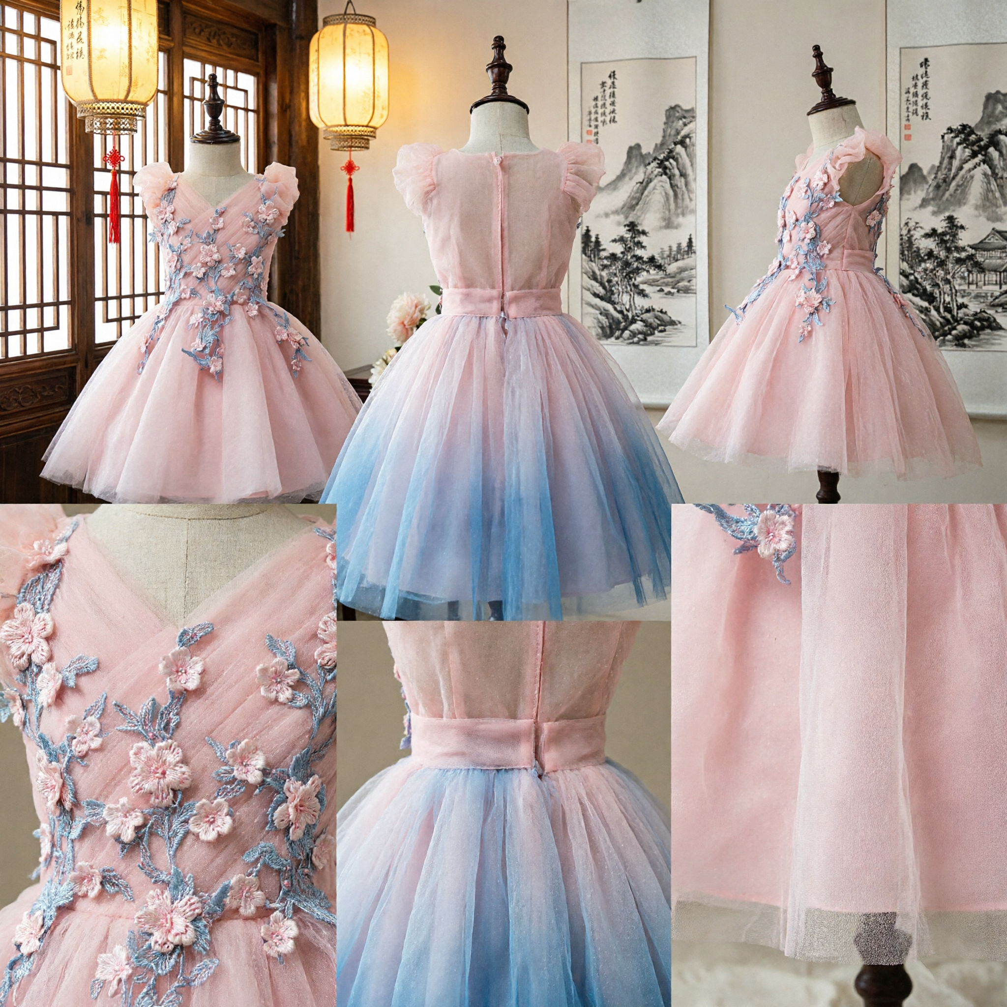 Elegant Pink Ruffle Sleeve Tulle Flower Girl Dress with Floral Embroidery for Kids Wedding Party Gown - Asian Costume