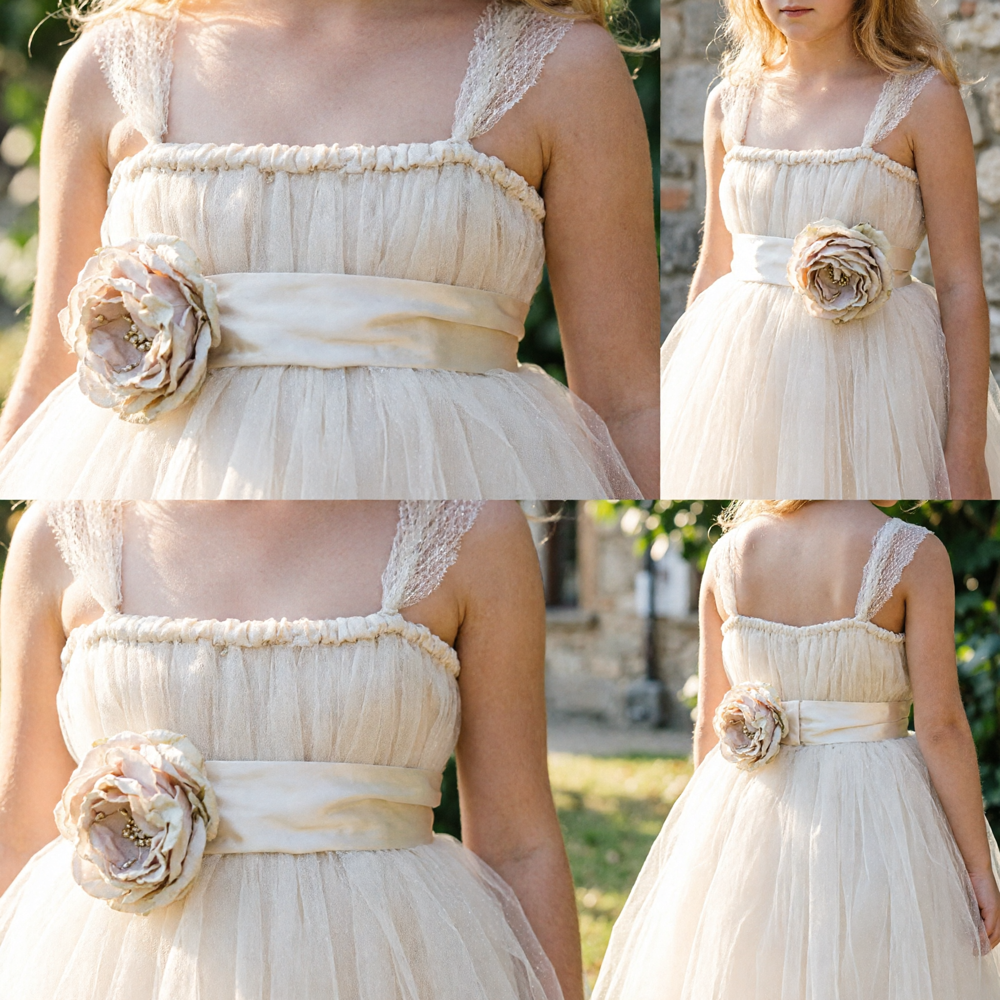 Elegant Champagne Tulle Flower Girl Dress Sleeveless Ballgown with Floral Applique for Wedding Pageant Party - Asian Costume