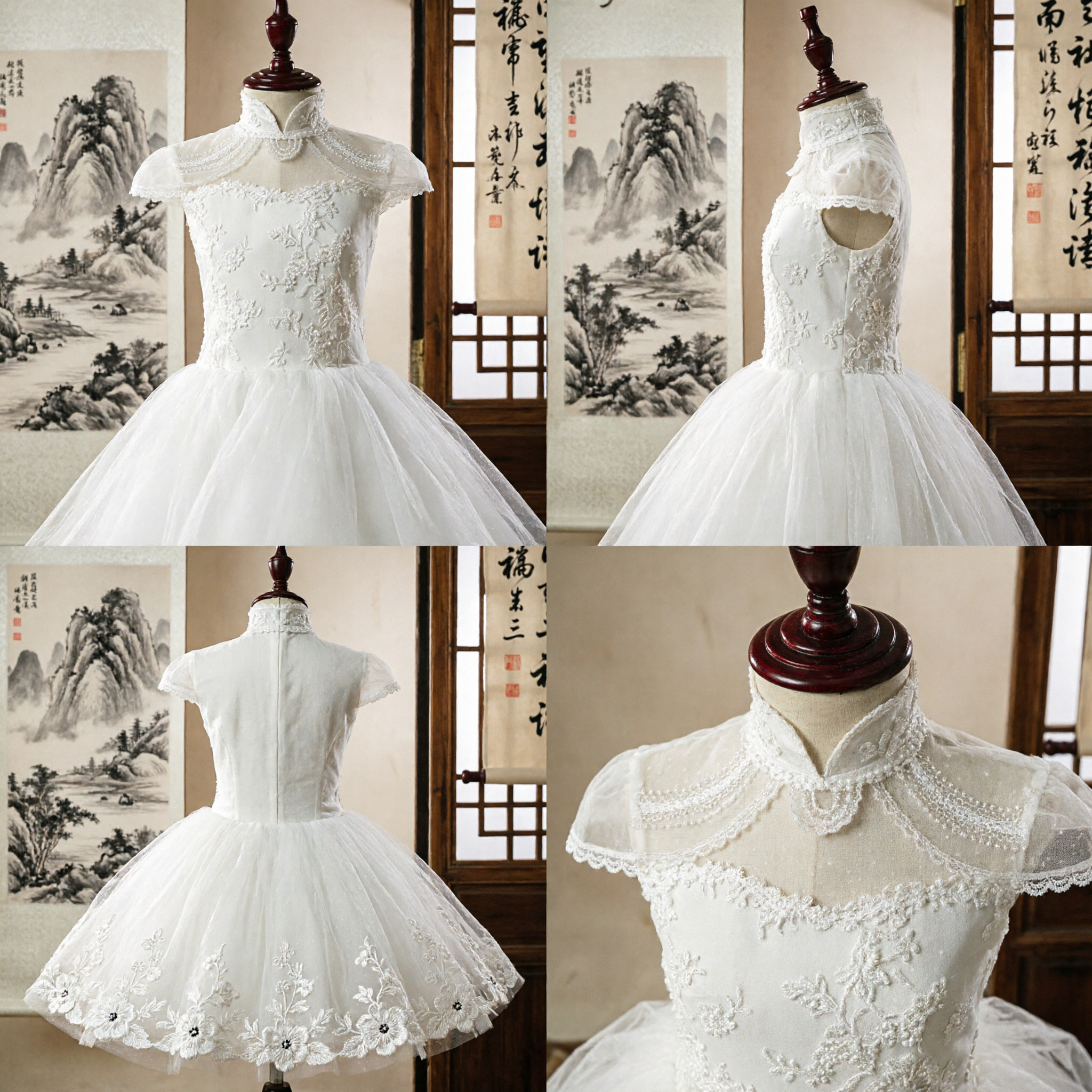 Elegant White Girls Cheongsam Dress Traditional Chinese Lace Bodice Tulle Skirt Wedding Flower Girl Gown - Asian Costume