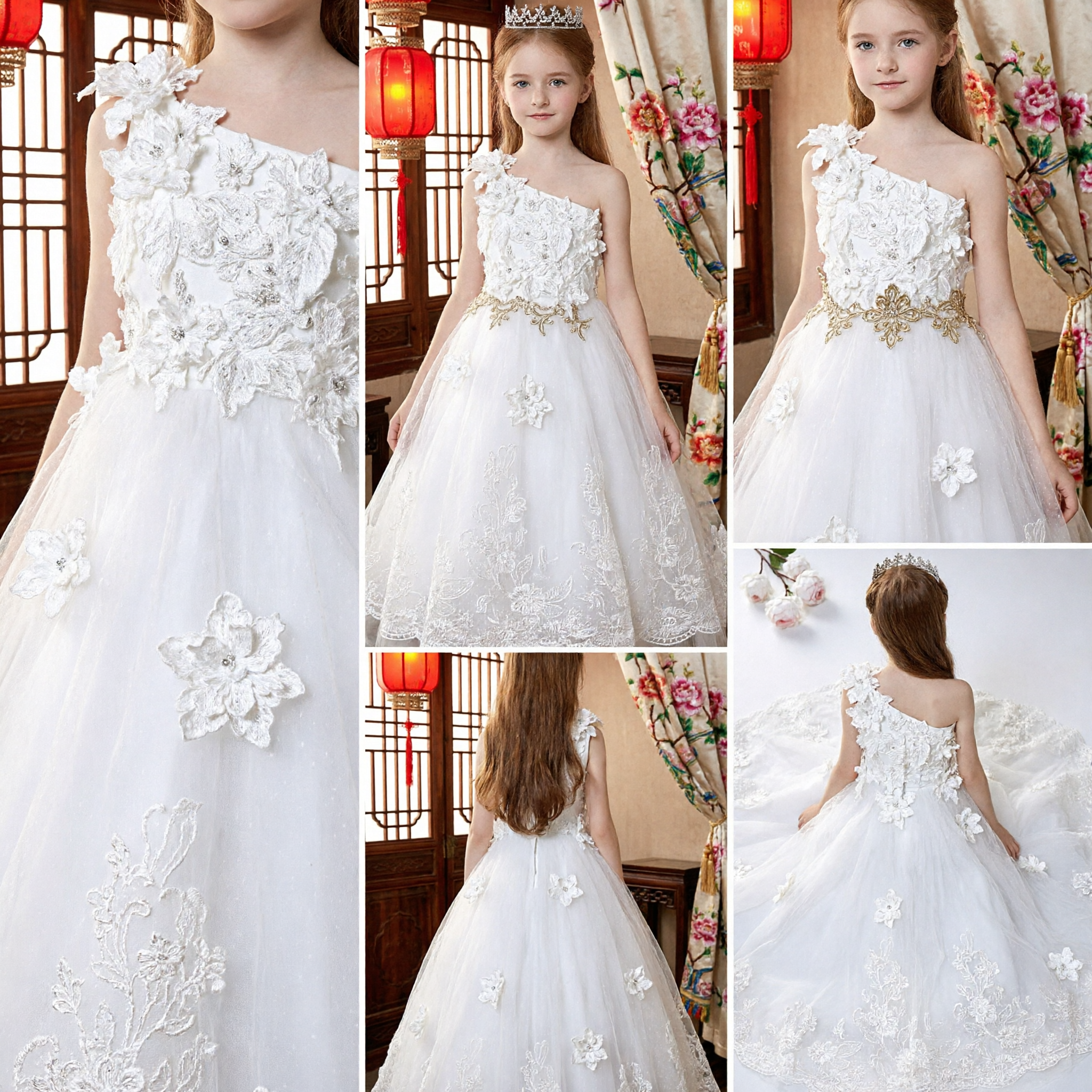 Elegant White One-Shoulder Flower Girl Dress with 3D Floral Applique for Wedding First Communion Pageant - Asian Costume