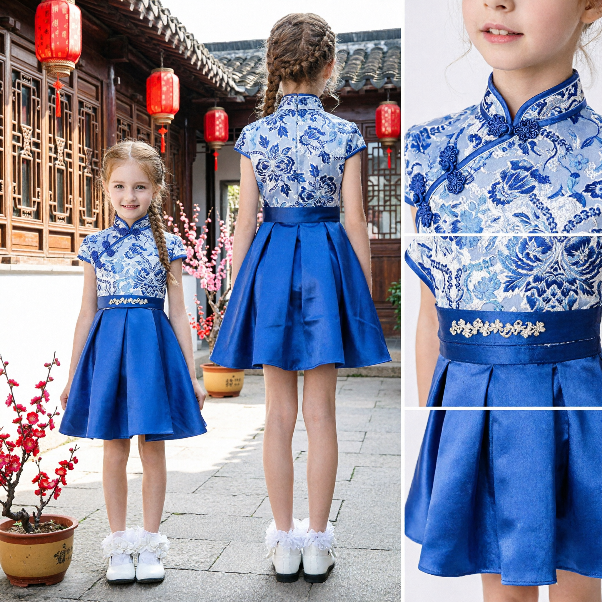 Blue Floral A-Line Kids Cheongsam Dress Modern Chinese Qipao for Girls Wedding Party Performance Costume - Asian Costume