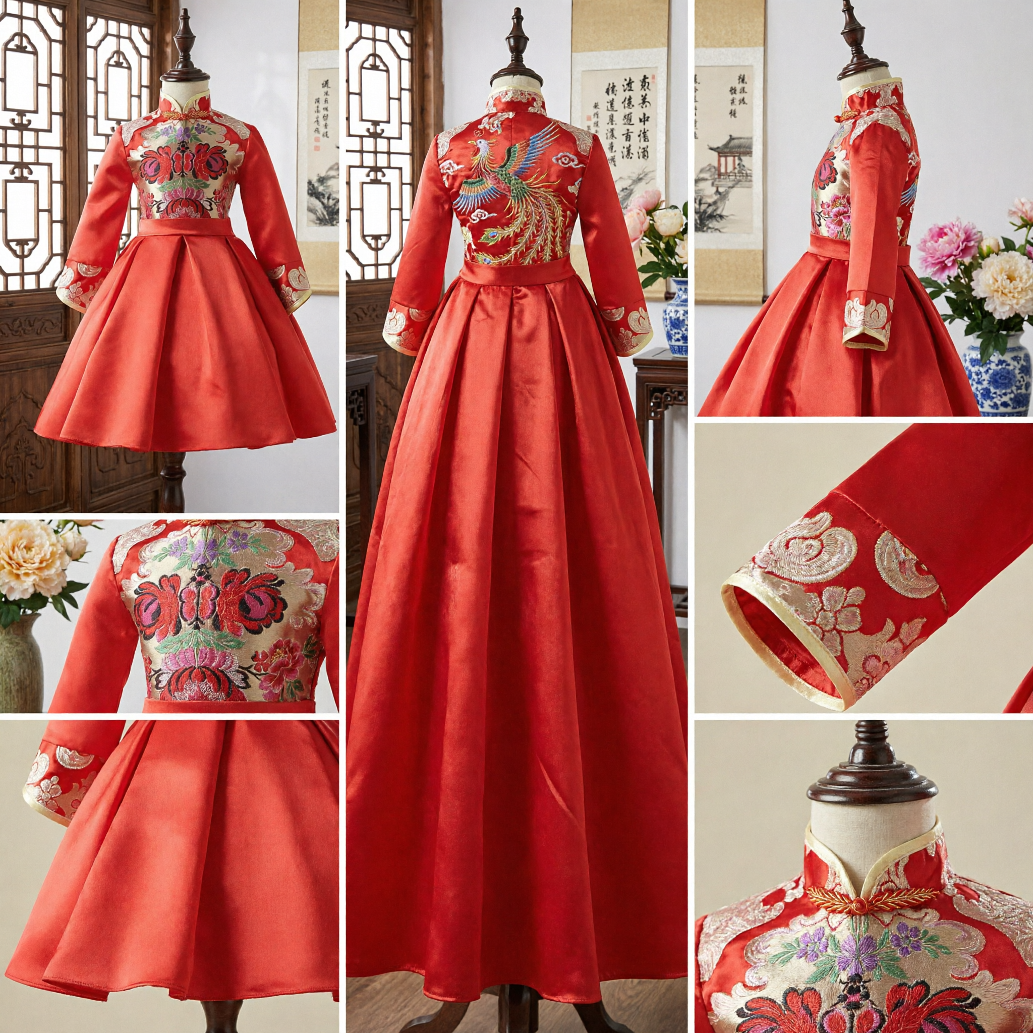 Girls Red Chinese New Year Cheongsam Dress Traditional Floral Embroidery Tang Suit Formal Party Costume - Asian Costume
