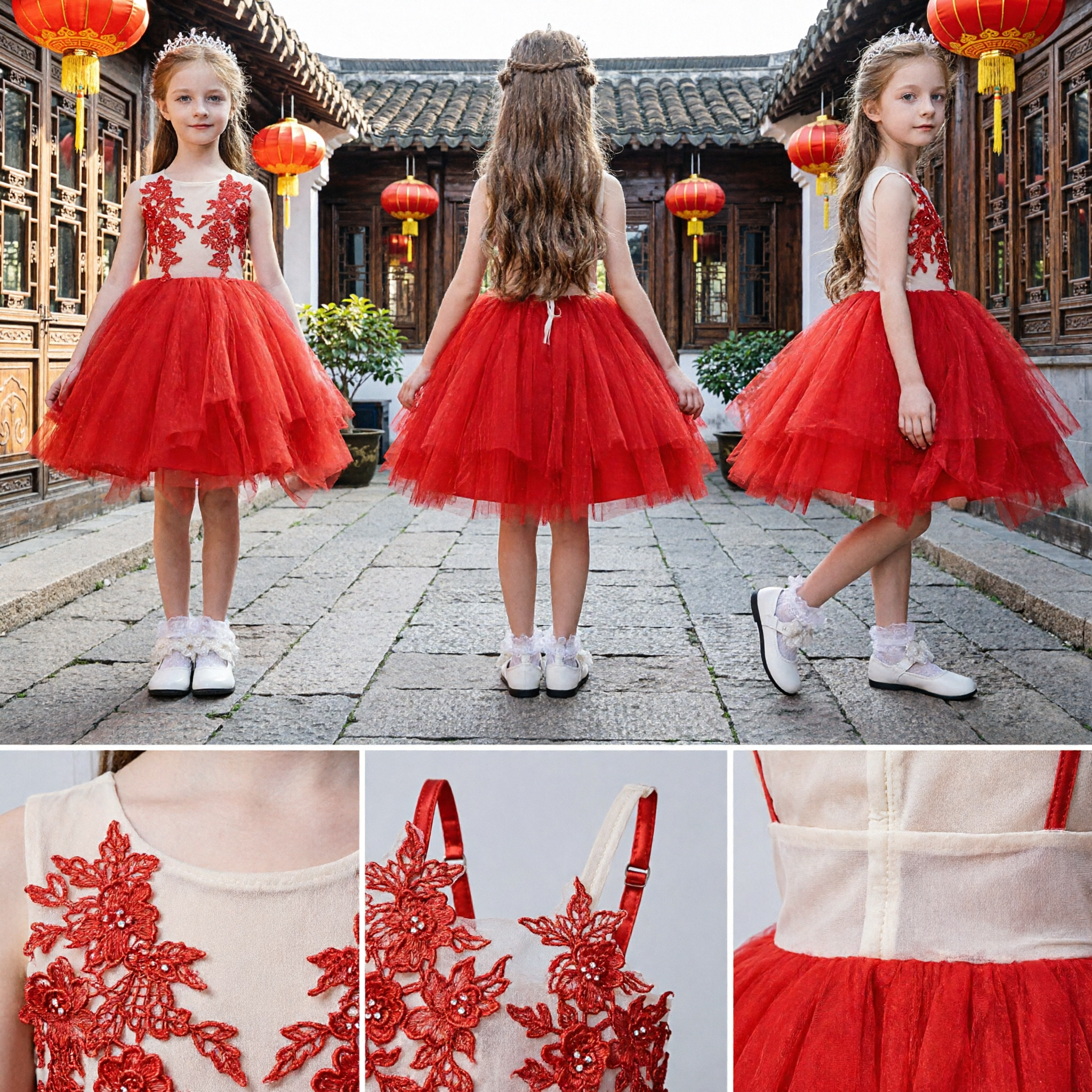 Elegant Red Floral Embroidered Tulle Dress for Kids Girls Party Performance Flower Girl Costume - Asian Costume