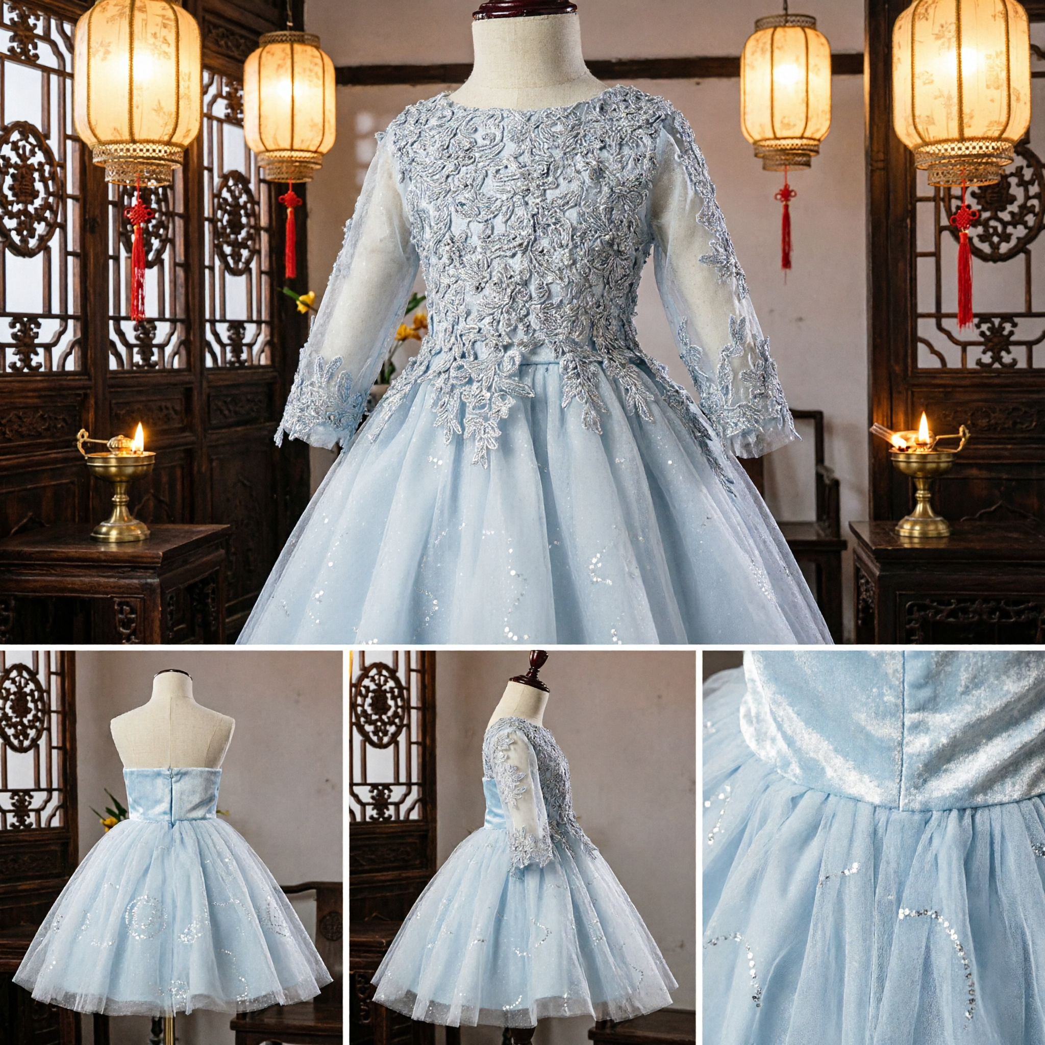 Elegant Girls Lace Applique Flower Girl Dress Long Sleeve Tulle Skirt for Wedding Party Formal Occasion - Asian Costume