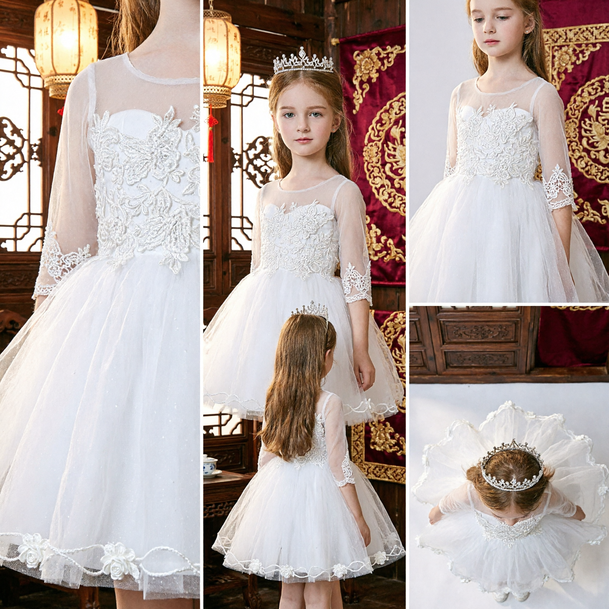 Elegant White Lace Flower Girl Dress with Tulle Skirt for First Communion Wedding Party - Asian Costume