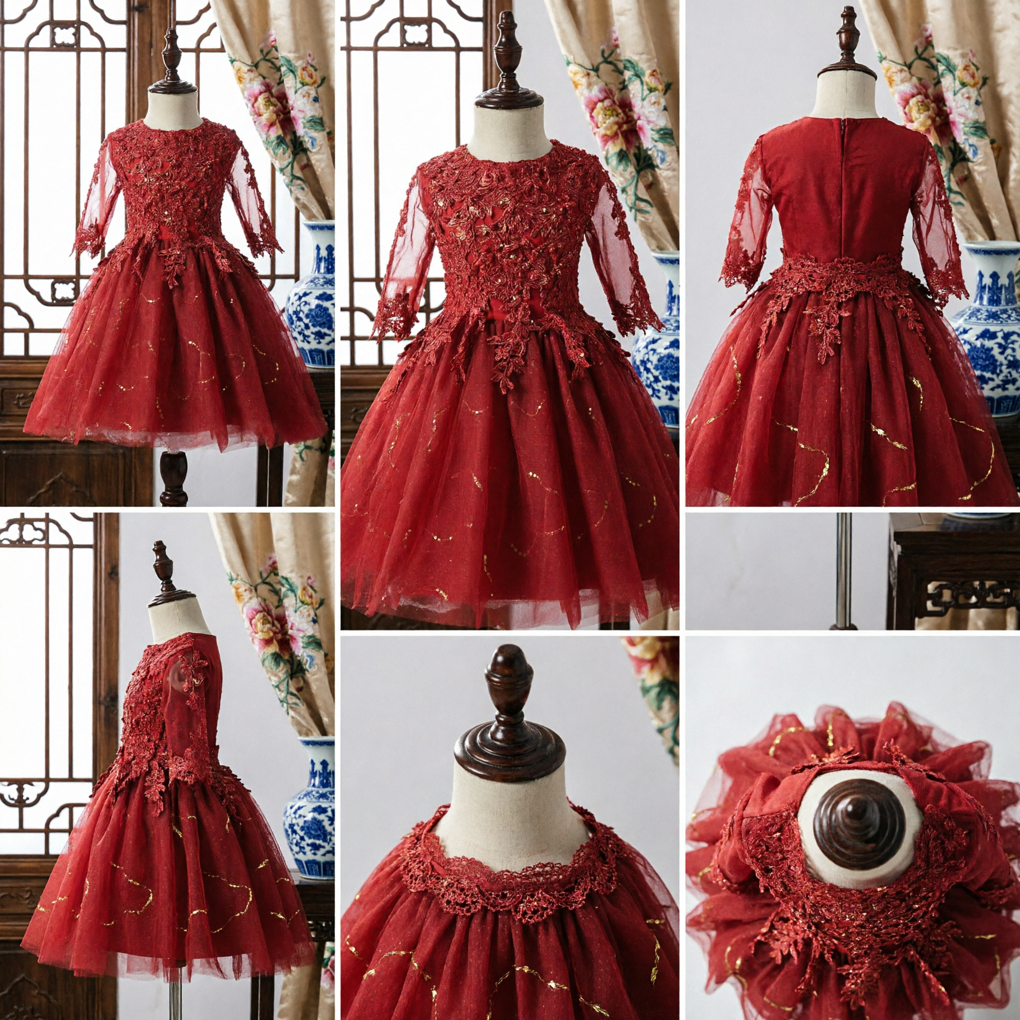 Elegant Red Lace Flower Girl Dress Long Sleeve Tulle Ballgown for Kids Wedding Party Formal Gown - Asian Costume