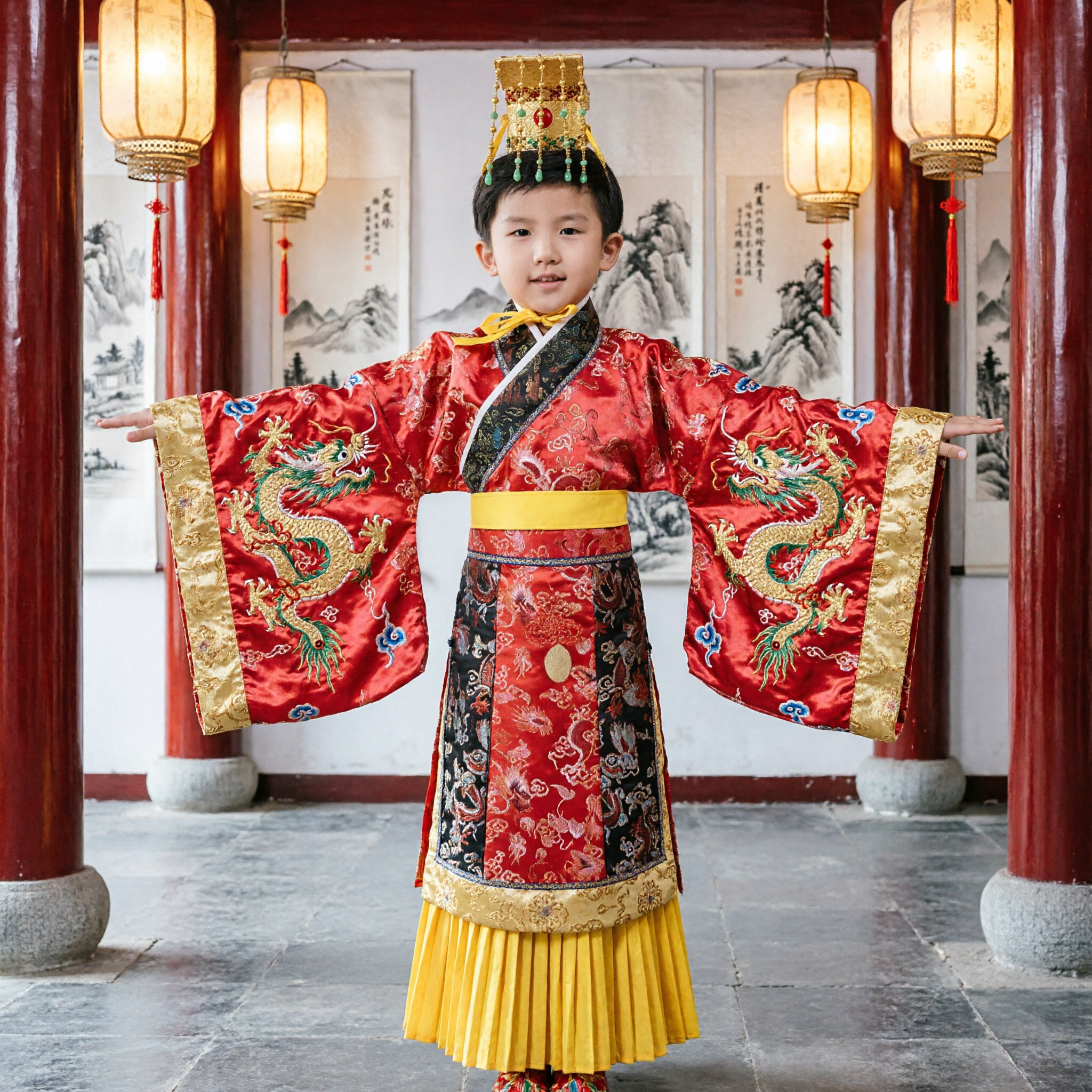 Kids Boys Chinese Traditional Emperor Hanfu Costume Red Ancient Prince Clothing Complete Set for Stage Performance - Asian Costume