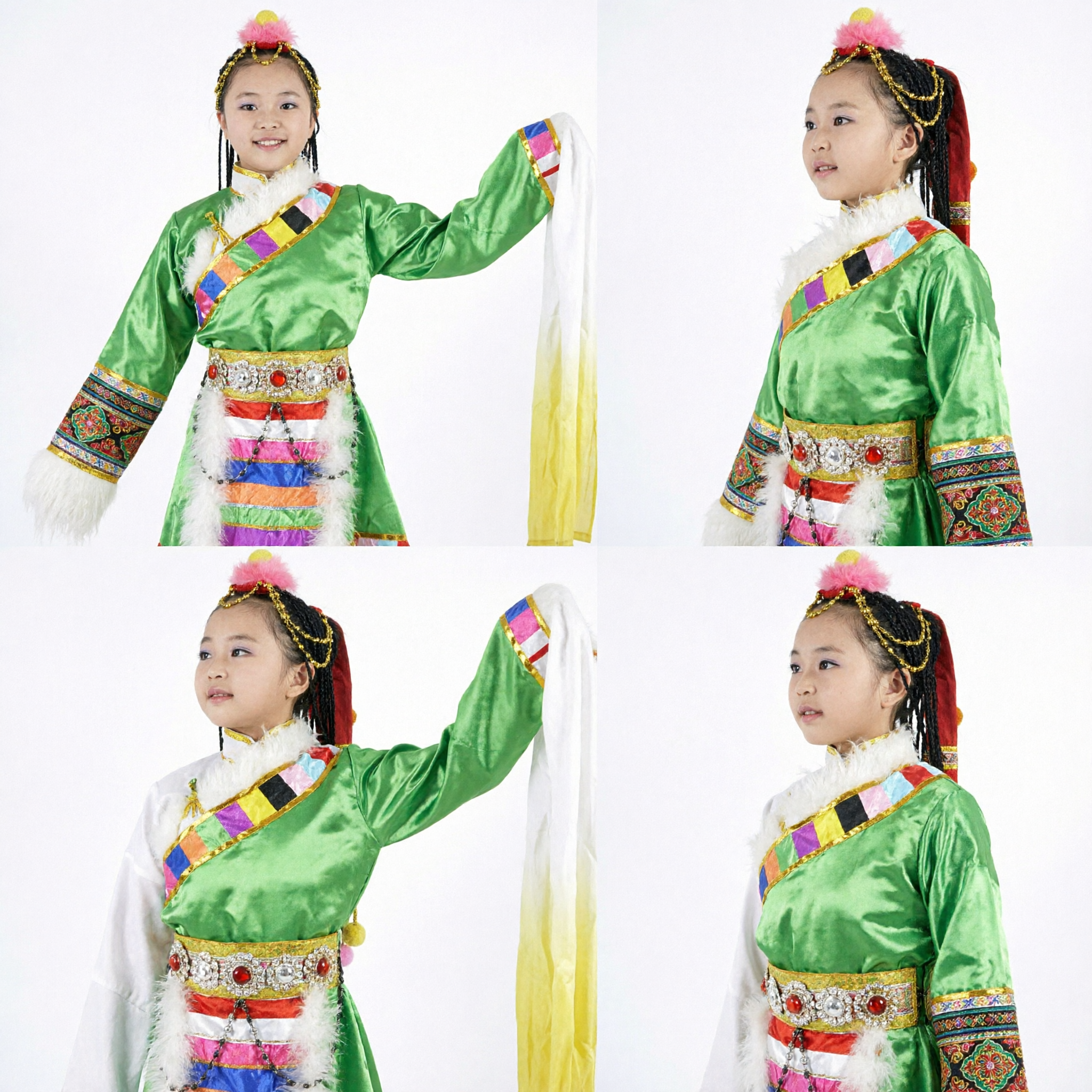 Girls Tibetan Ethnic Dance Costume Green Traditional Chuba with Water Sleeves for Kids Folk Performance - Asian Costume