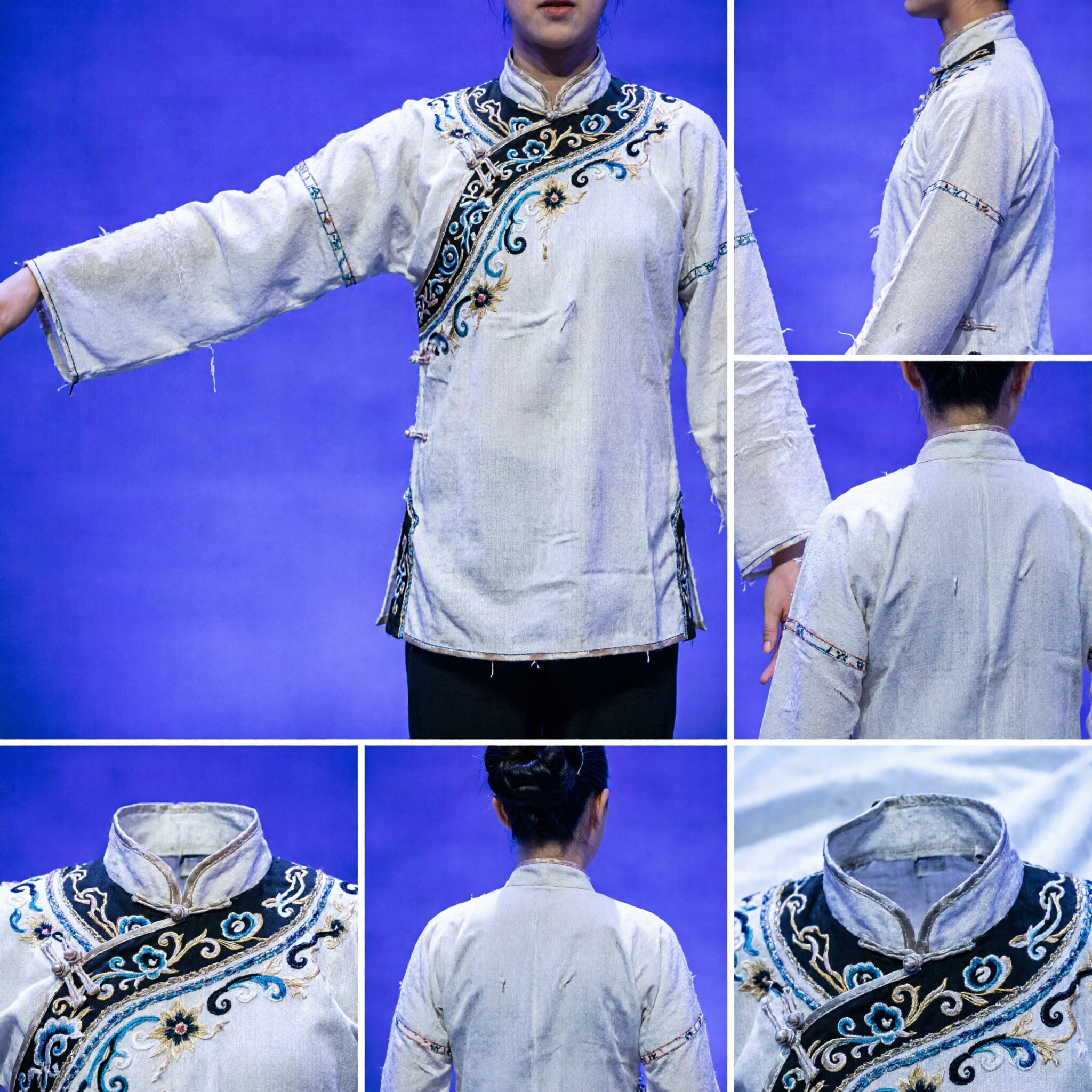 Professional Chinese Folk Dance Costume Black Pants White Top with Long Silk Ribbons for Stage Performance - Asian Costume