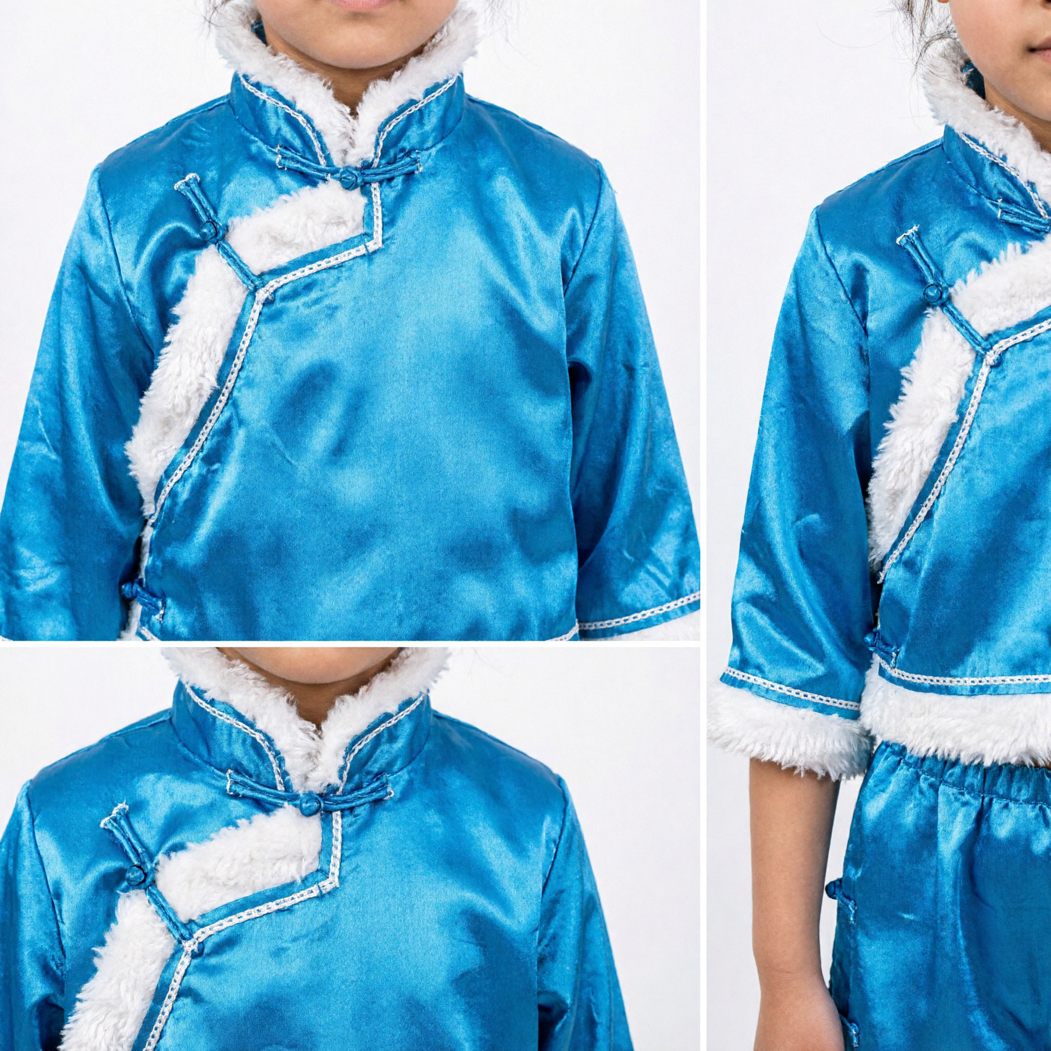 Kids Blue Traditional Chinese Dance Costume Girls Ethnic Stage Performance Outfit with White Fur Trim Set - Asian Costume
