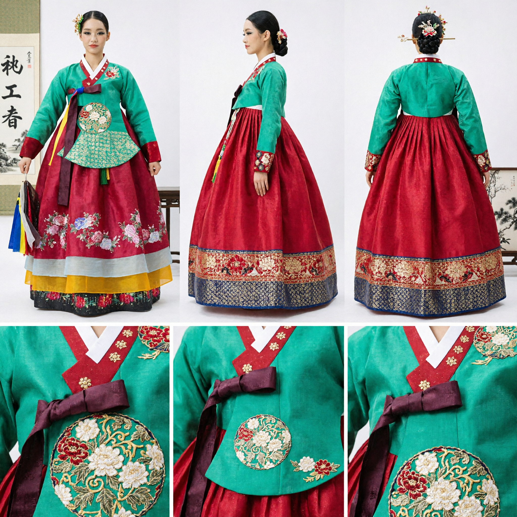 Traditional Korean Hanbok Dress for Women Green Top and Red Floral Skirt Folk Dance Costume - Asian Costume