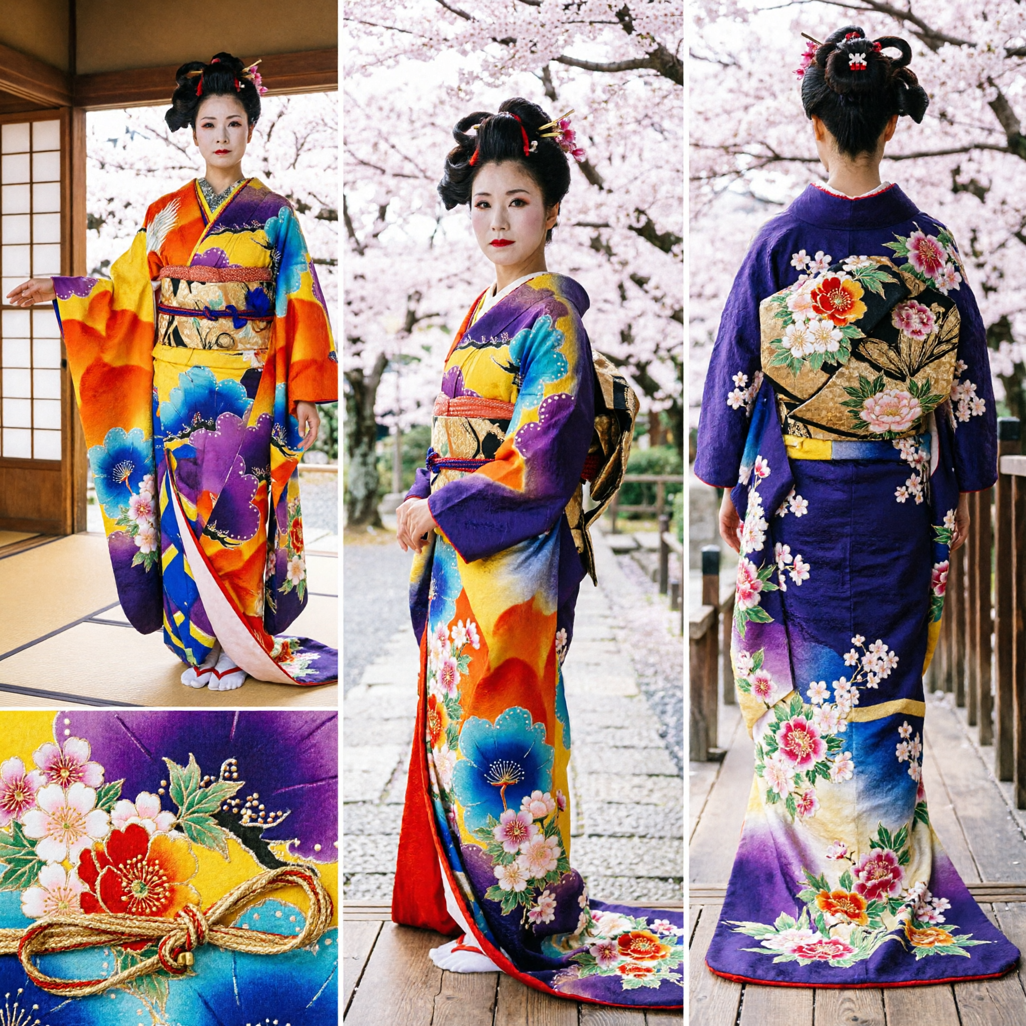 Vibrant Japanese Geisha Kimono Costume with Long Floral Train and Dance Fan for Women Stage Performance - Asian Costume