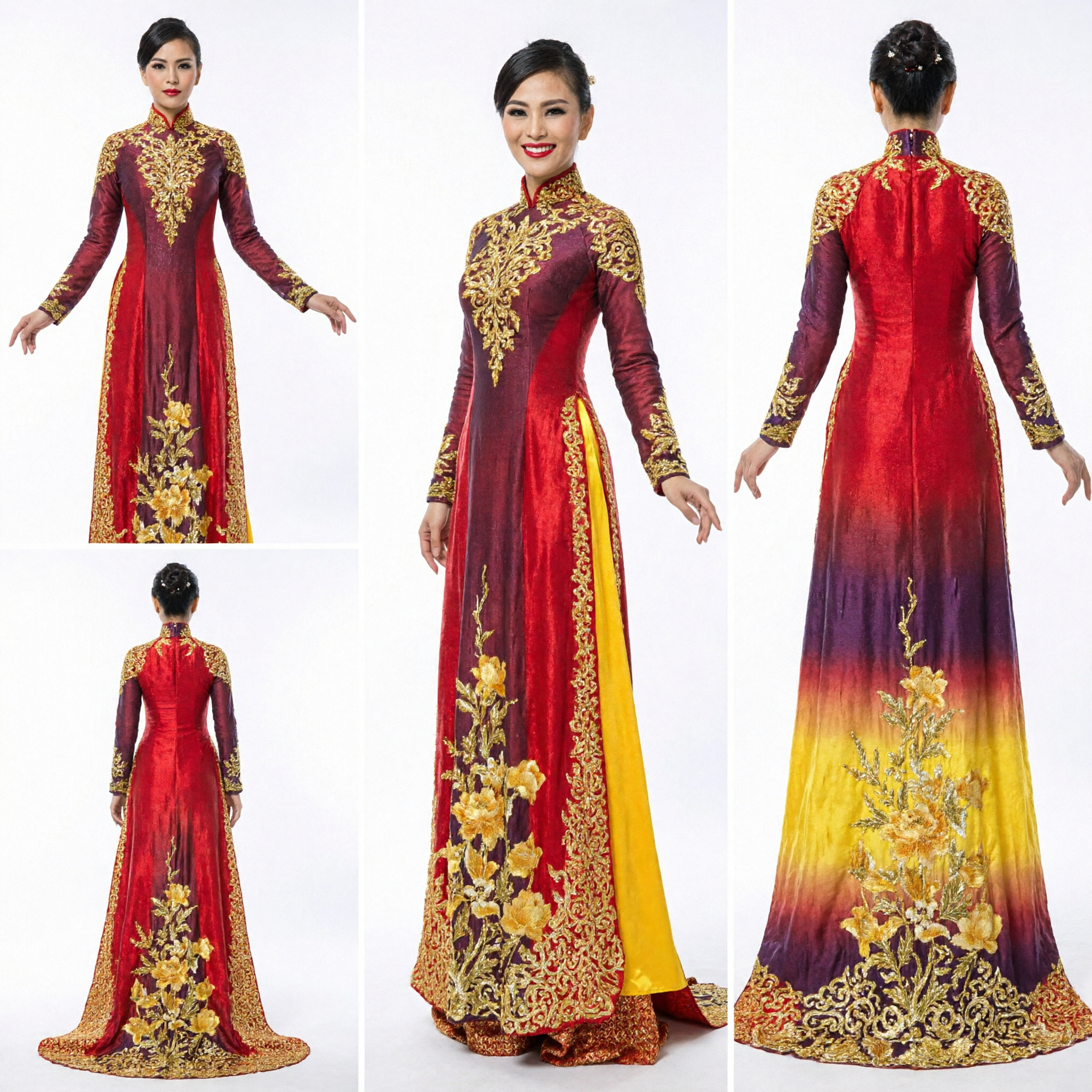 Traditional Vietnamese Red Ao Dai Wedding Dress for Women with Gold Embroidery and Matching Headdress - Asian Costume