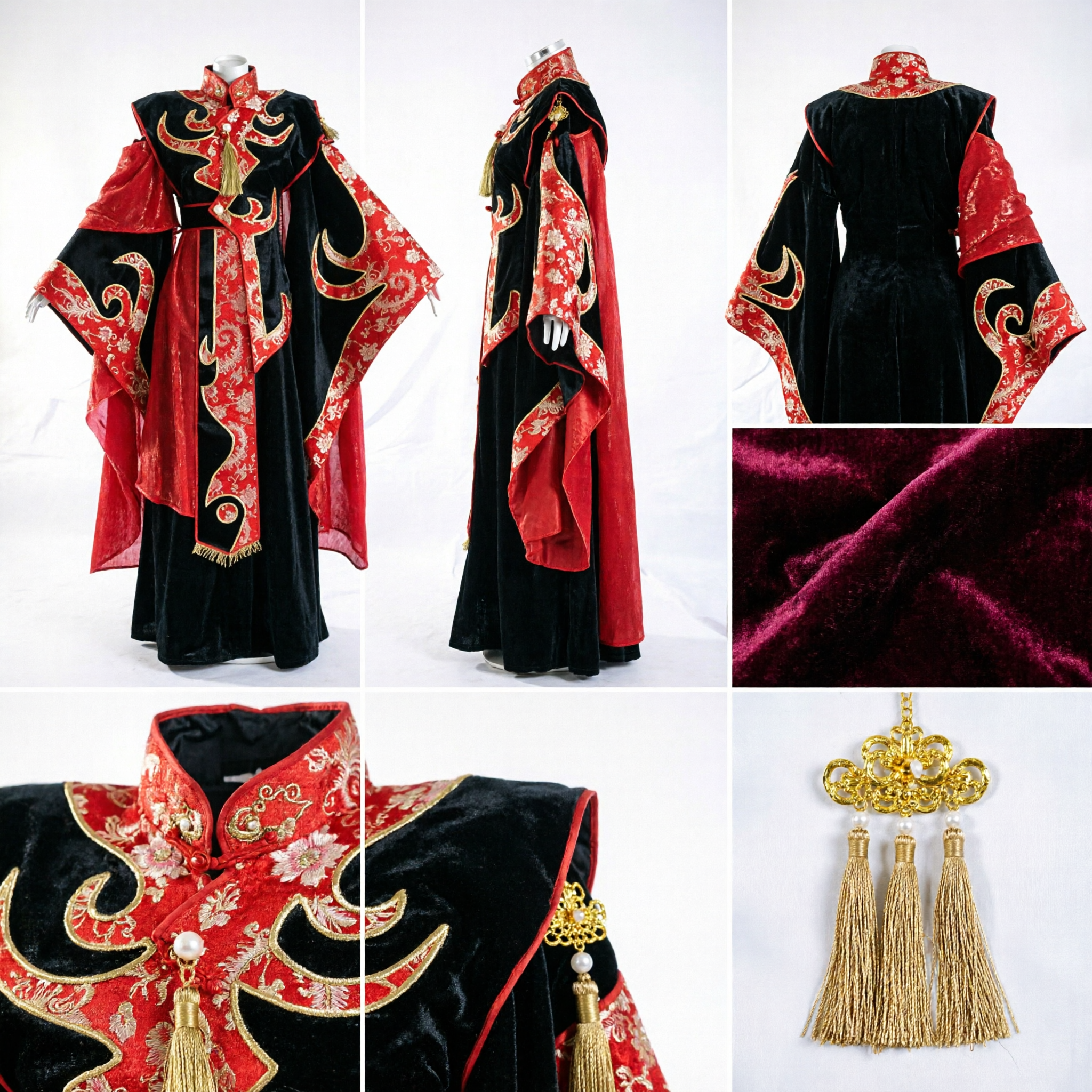 Traditional Chinese Wuxia Martial Arts Costume Black Red Gold Embroidered Cape Cloak for Men - Asian Costume