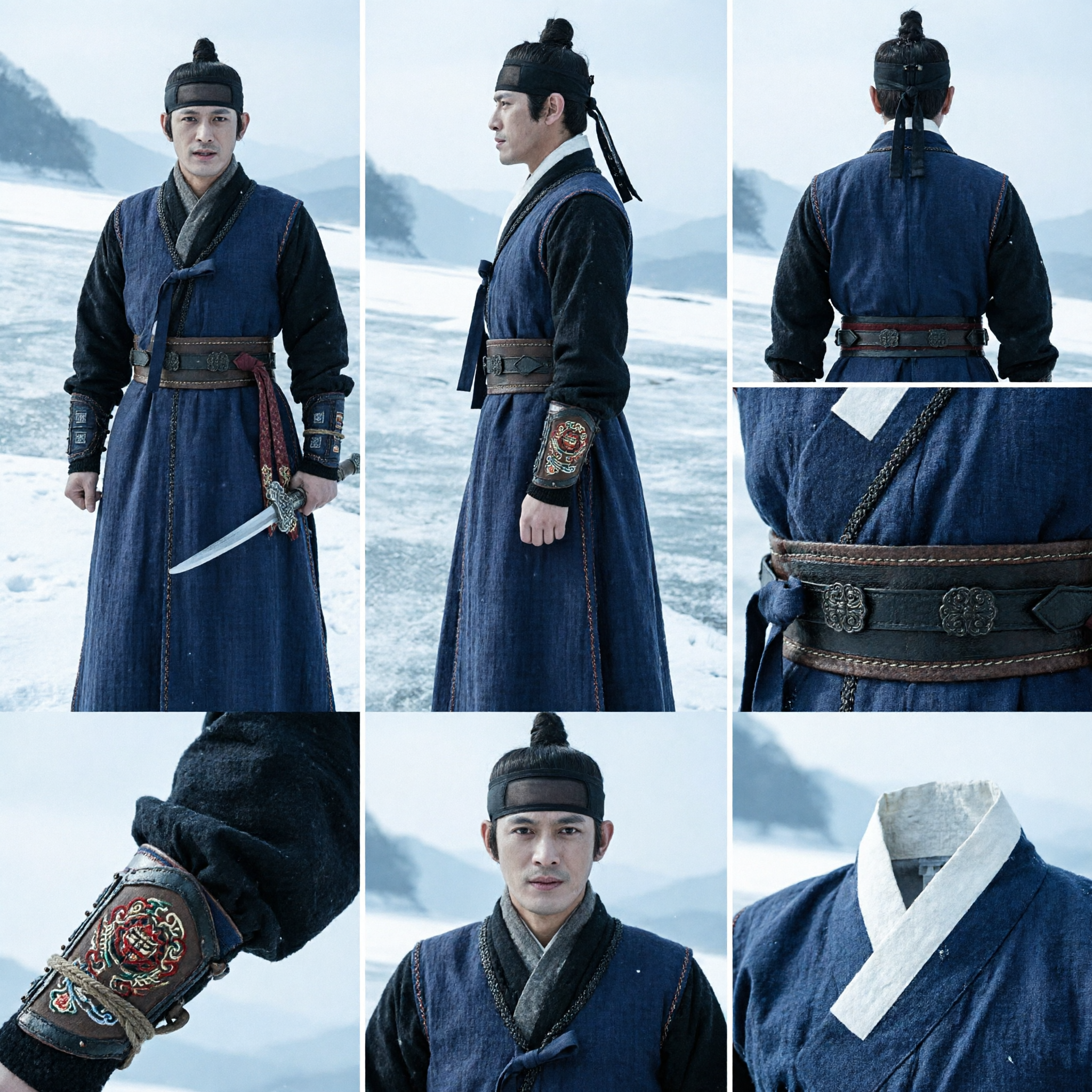 Traditional Korean Hanbok Warrior Costume Navy Blue Sageuk Cosplay Outfit for Men Historical Drama - Asian Costume