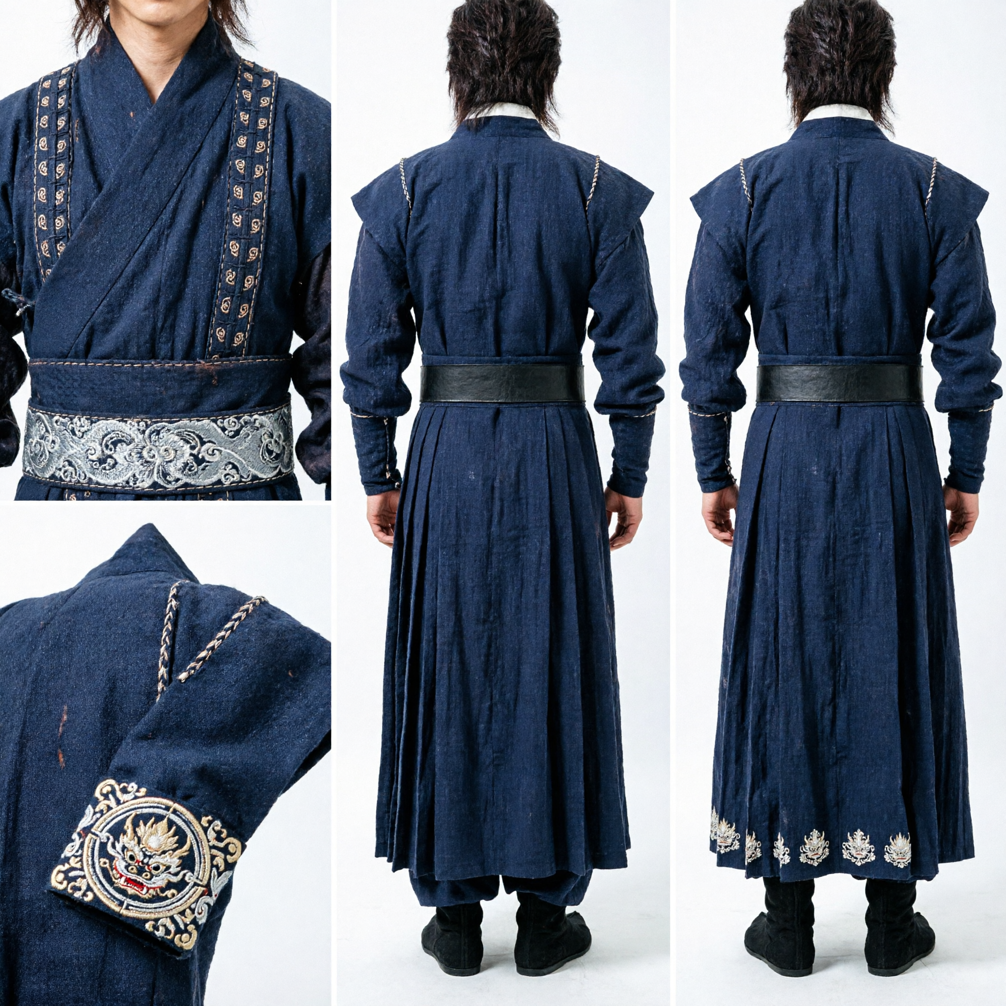 Men's Dark Blue Traditional Korean Hanbok Warrior Costume Long Robe for Cosplay and Historical Reenactment - Asian Costume