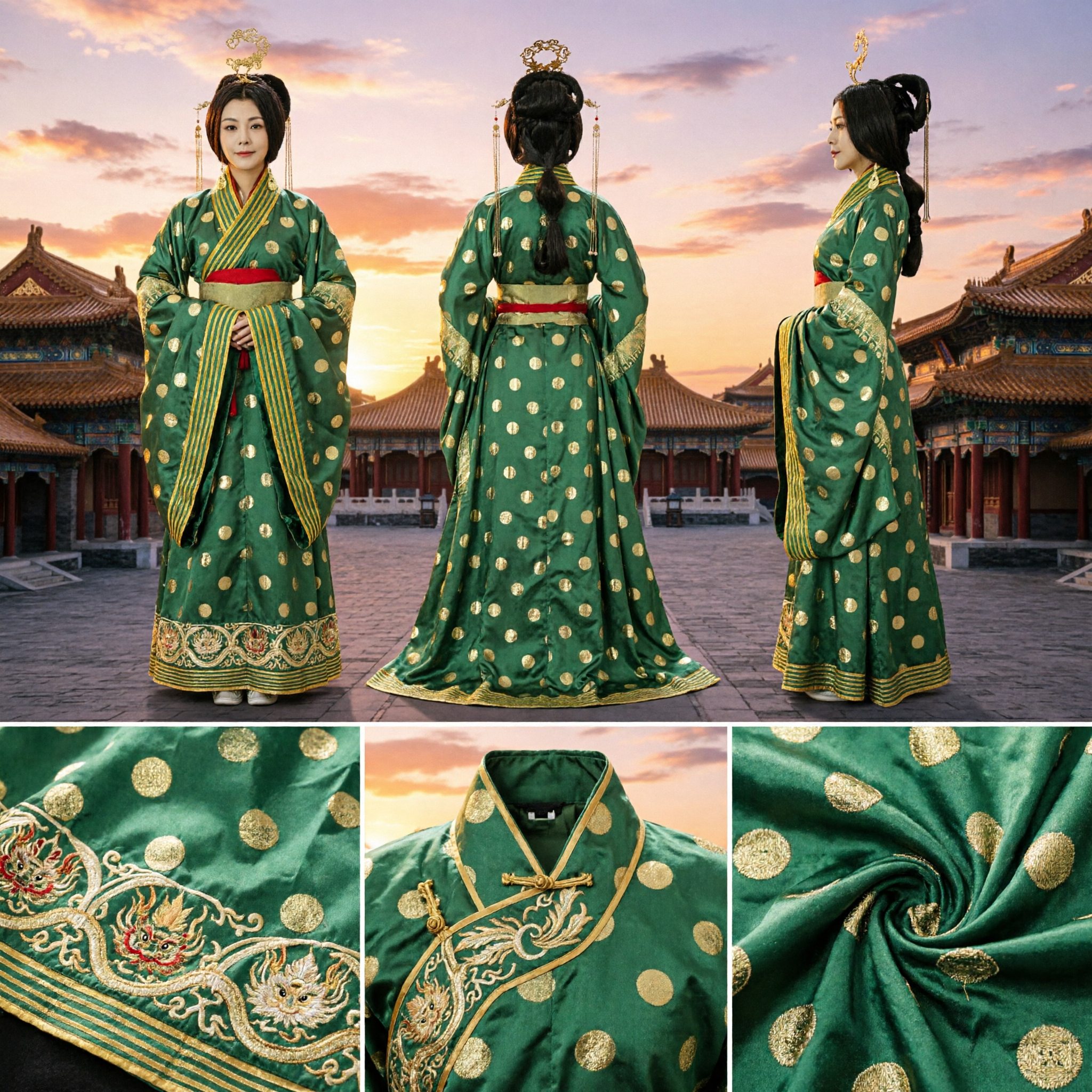 Traditional Chinese Ancient Tang Dynasty Green Hanfu Dress with Gold Dots for Women Cosplay Historical Drama - Asian Costume