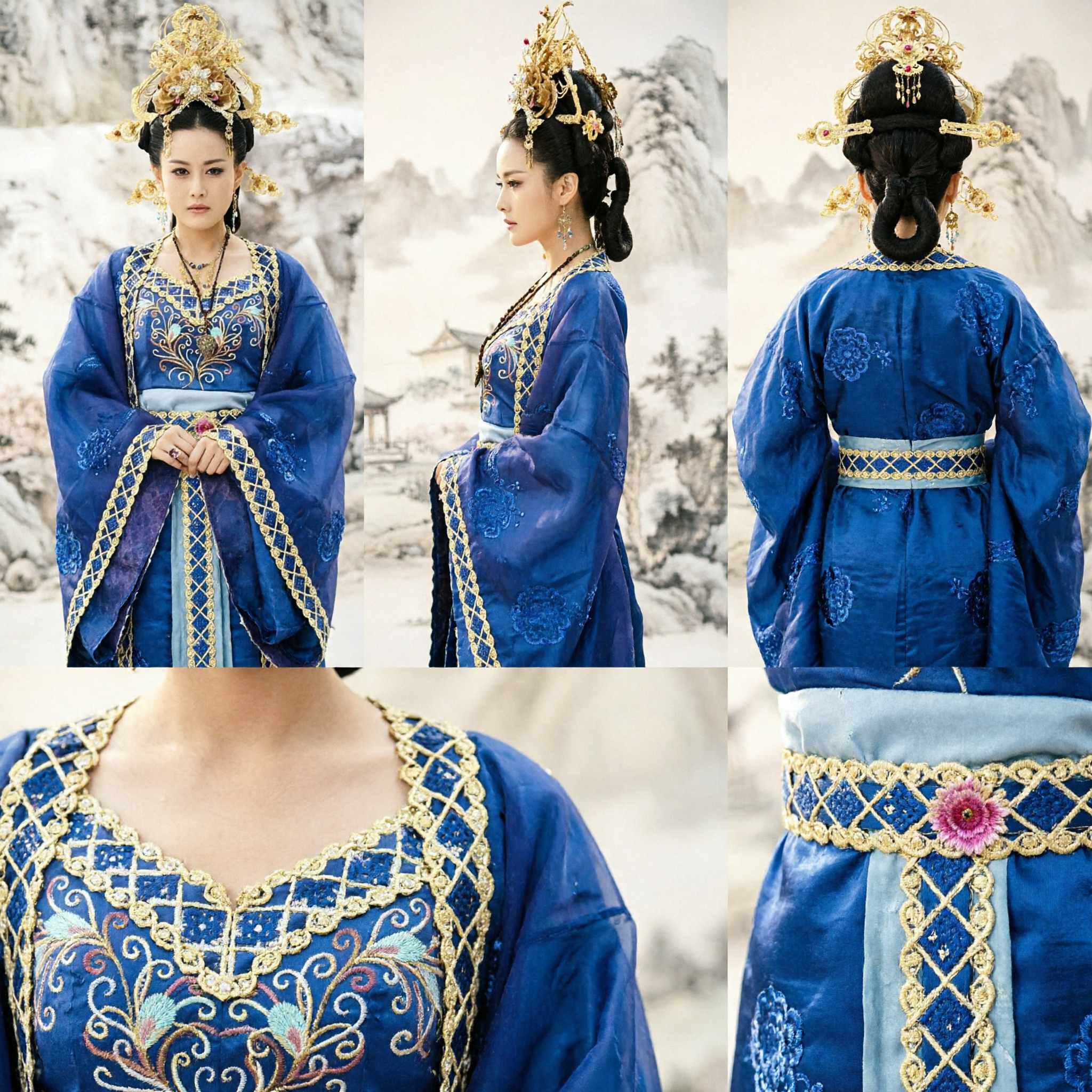 Women's Chinese Ancient Tang Dynasty Empress Blue Hanfu Costume Set with Golden Headdress for Period Drama Cosplay - Asian Costume