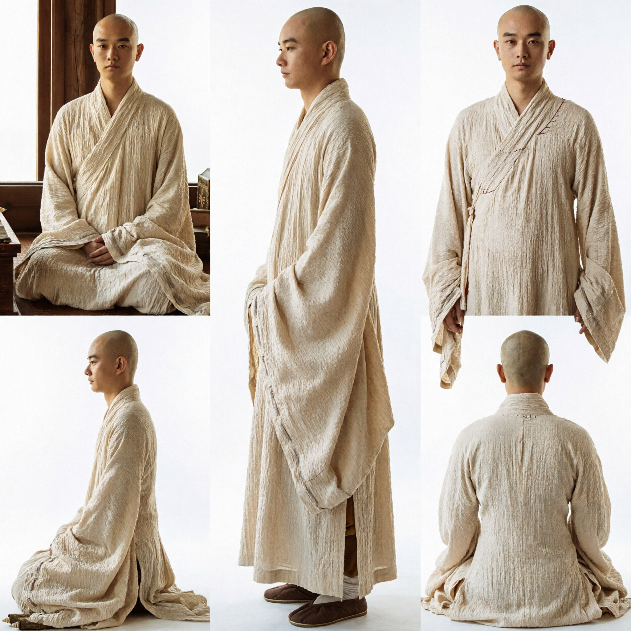 Traditional Chinese Buddhist Monk Robe Men's Cream Linen Meditation Yoga Ancient Hanfu Costume - Asian Costume