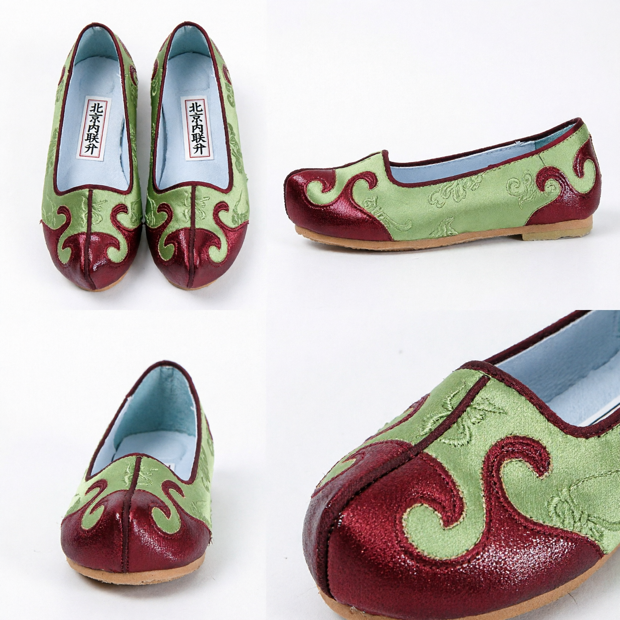 Traditional Korean Hanbok Shoes Women Green Maroon Silk Flat Footwear for Cultural Dance Wedding Events - Asian Costume