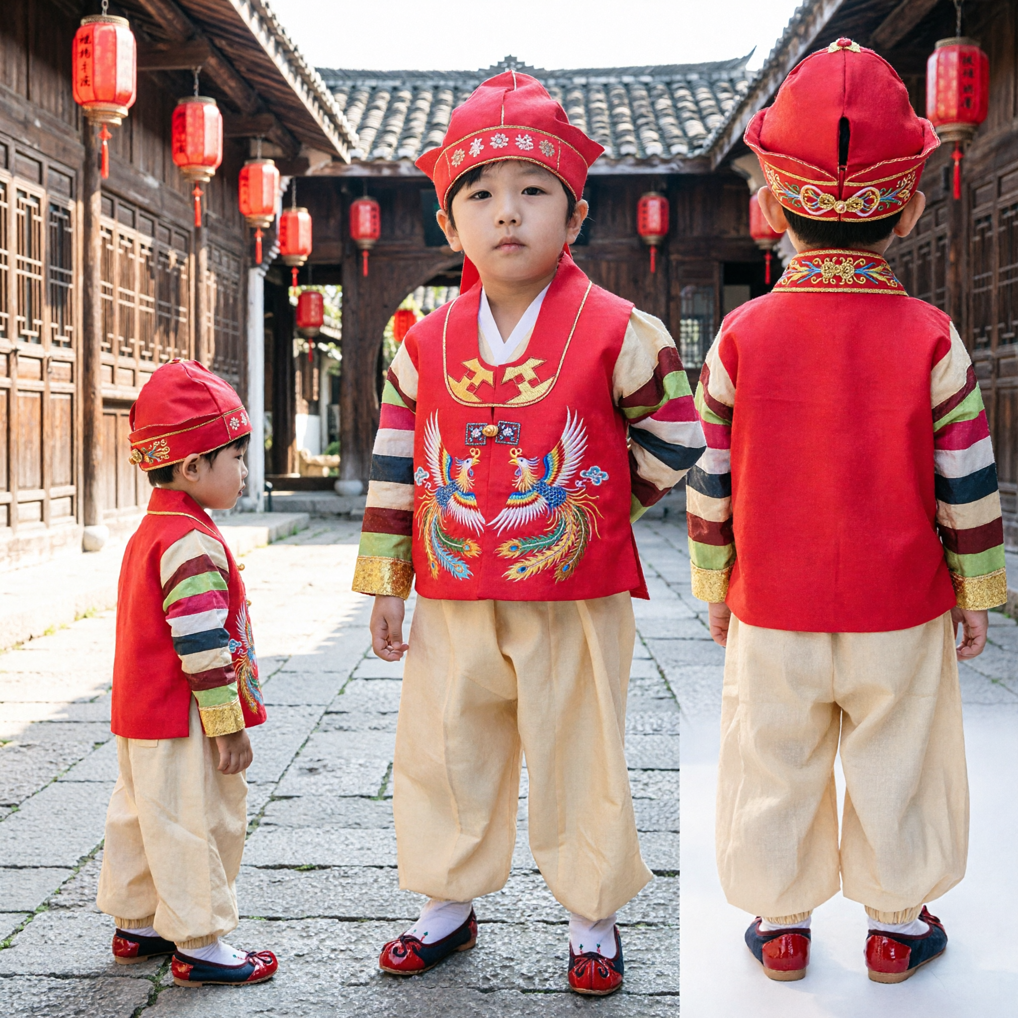 Traditional Korean Hanbok for Boys Red Vest and Hat Set for First Birthday Doljanchi Celebration Costume - Asian Costume