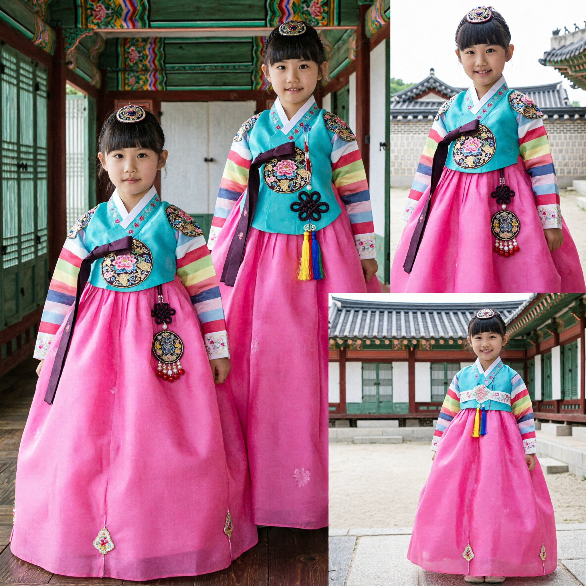 Korean Traditional Hanbok Dress for Girls Rainbow Sleeve Top Pink Skirt Kids Festival Costume - Asian Costume