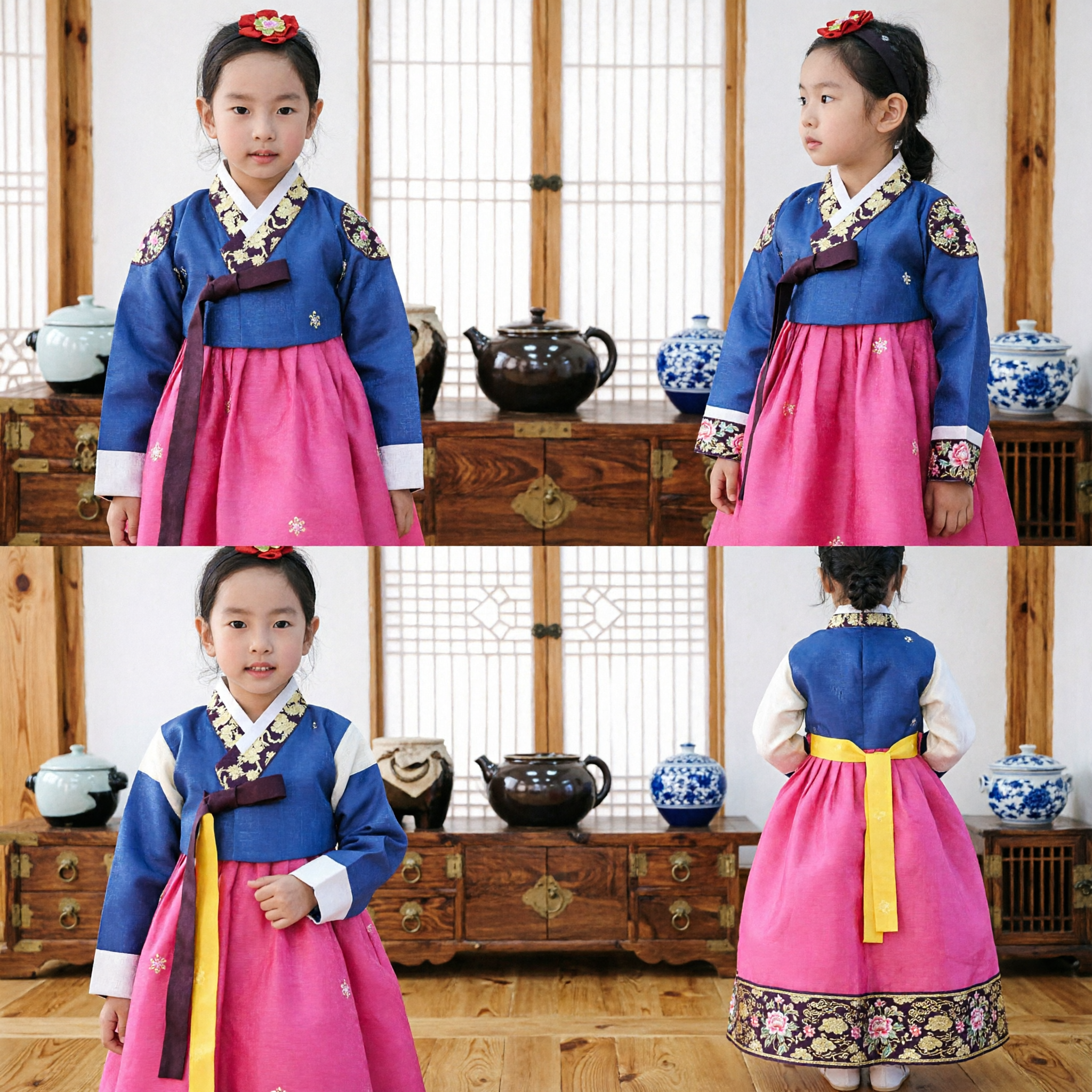 Kids Korean Hanbok Traditional Dress Girls Blue Top with Black Floral Fur Vest and Pink Skirt - Asian Costume