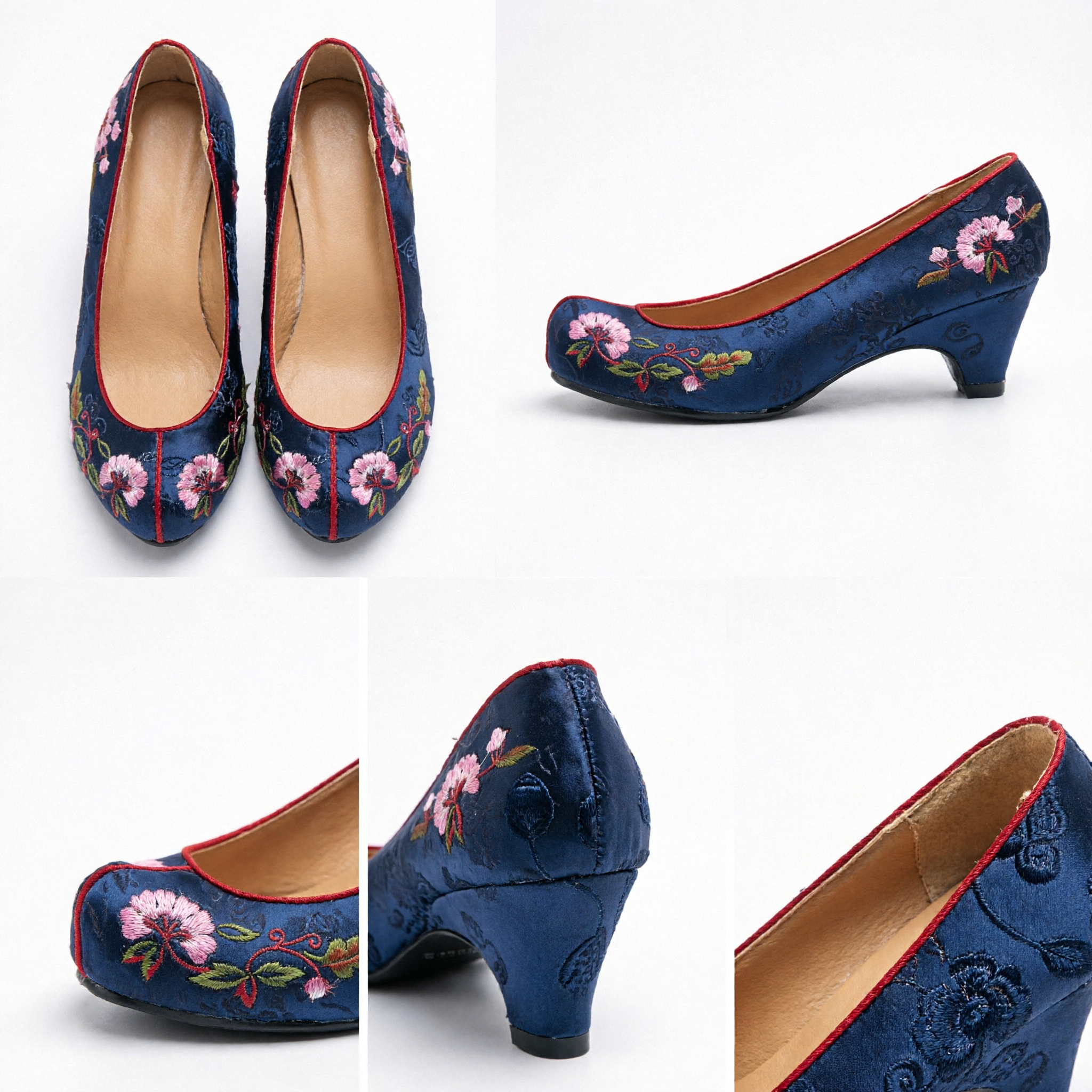 Traditional Chinese Hanfu Shoes Navy Blue Embroidered Floral Wedge Heels for Women Ancient Costume Footwear - Asian Costume