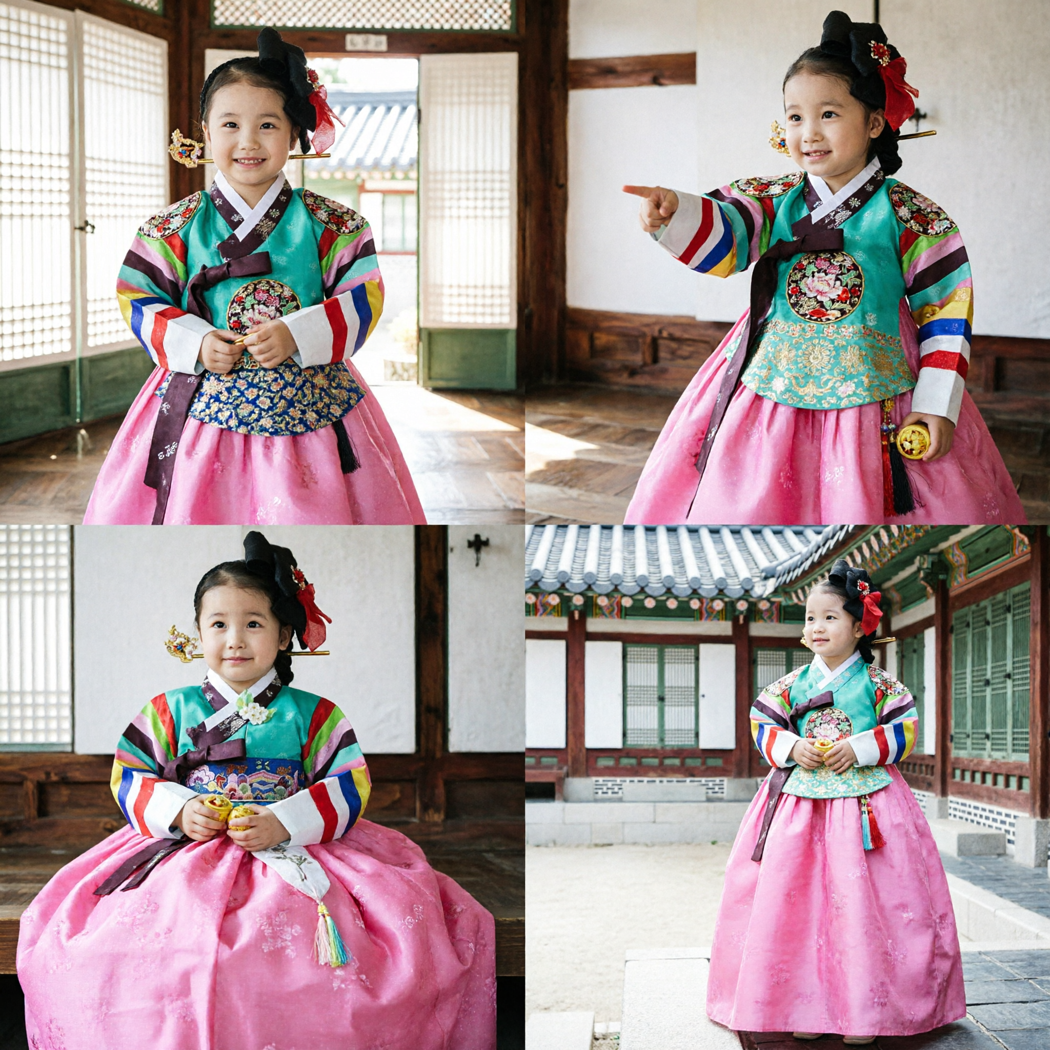 Traditional Korean Hanbok for Girls Rainbow Sleeve Teal Top Pink Skirt Kids Dress for Festivals - Asian Costume