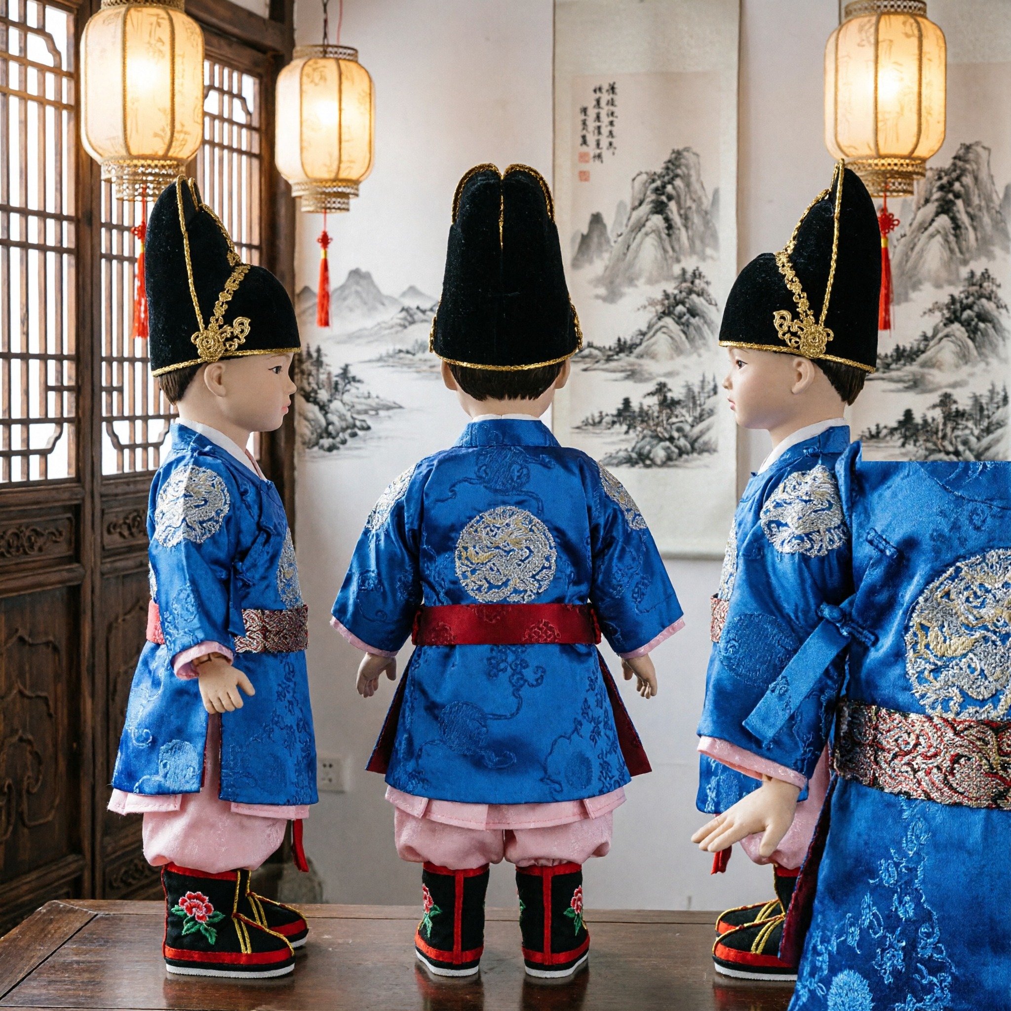 伝統的中国明朝官服 青い錦織ローブ 人形 文化遺産ギフト装飾品 - Asian Costume