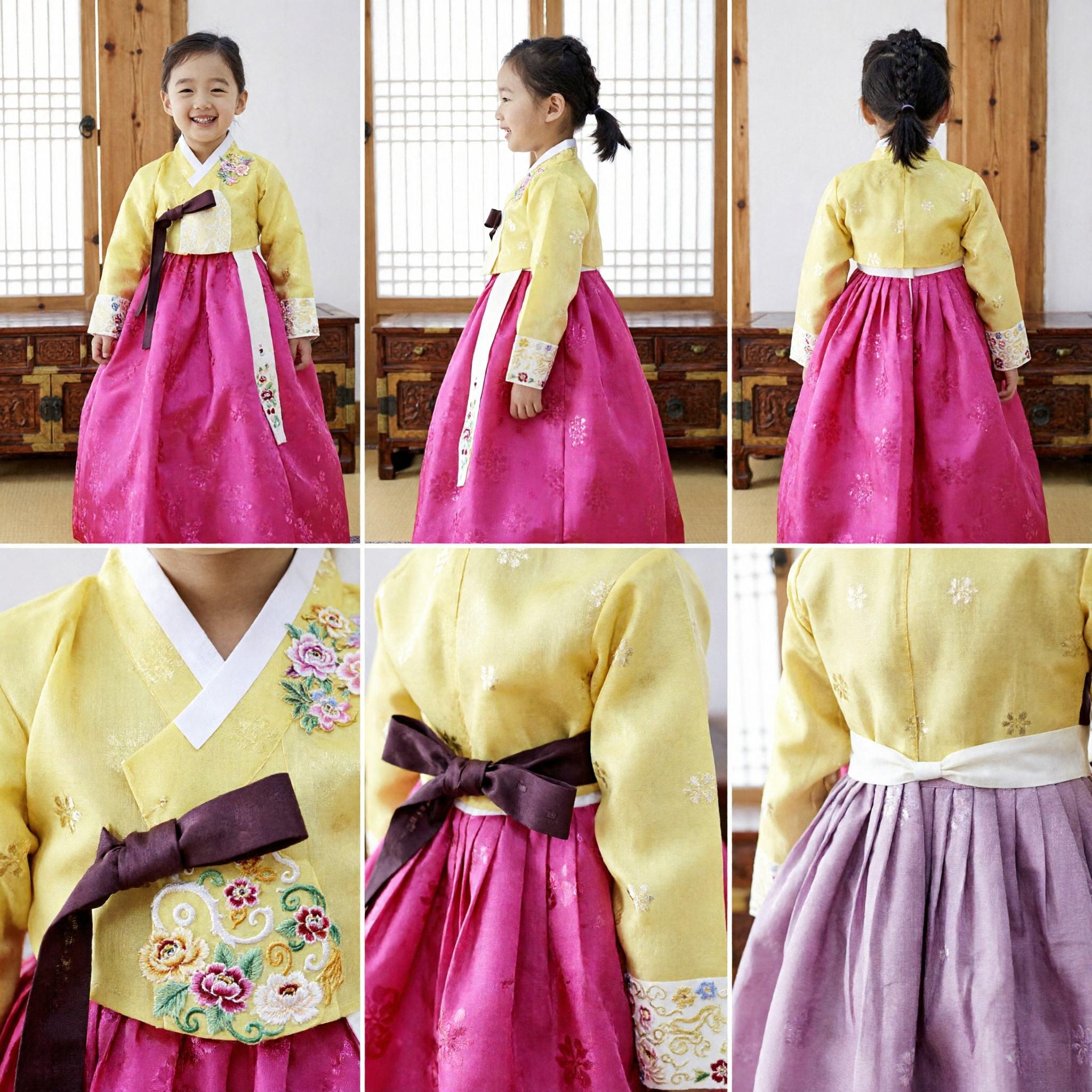 Traditional Korean Hanbok Dress for Girls Yellow Jeogori Pink Chima Kids First Birthday Costume - Asian Costume