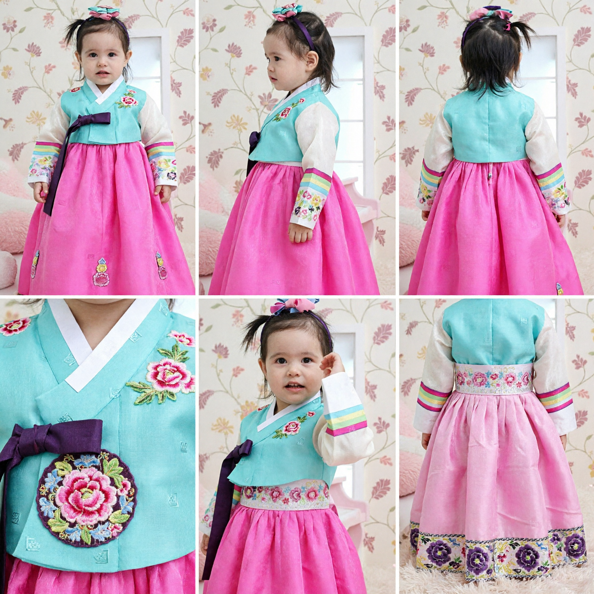 Embroidered Toddler Girls Traditional Korean Hanbok Dress Pink Skirt Blue Top Kids Festival Costume - Asian Costume