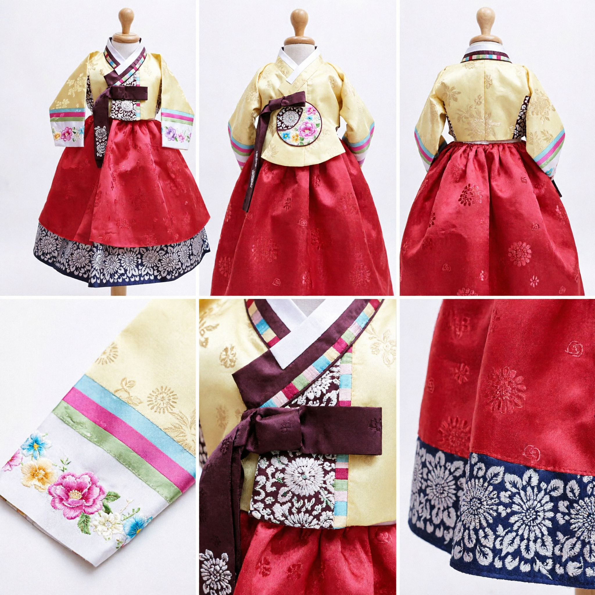 Traditional Korean Hanbok for Girls Yellow Jeogori Red Chima Embroidered Birthday Party Dress - Asian Costume