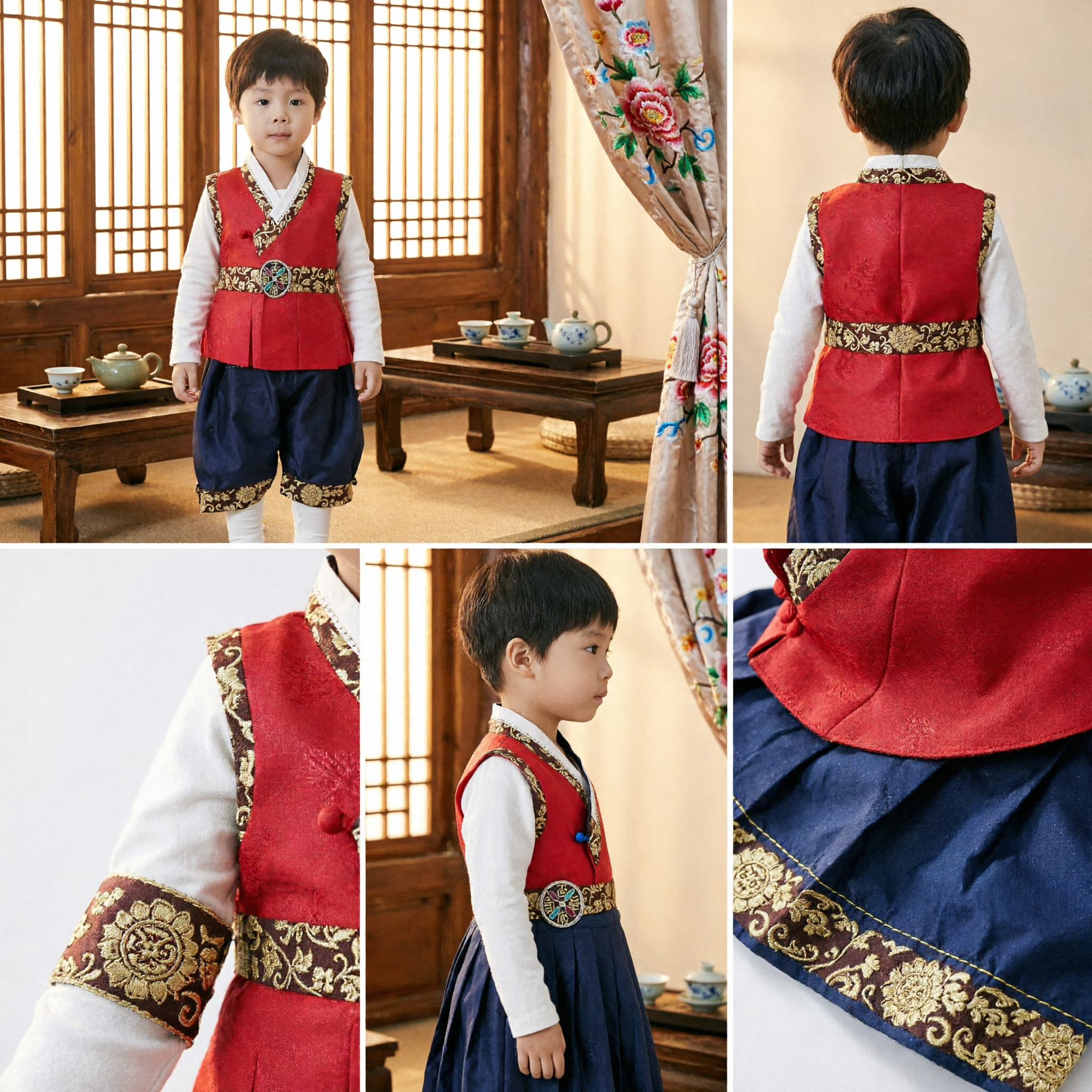 Boys Traditional Korean Hanbok Costume Set Red Embroidered Vest and Navy Pants for Seollal Festivals - Asian Costume