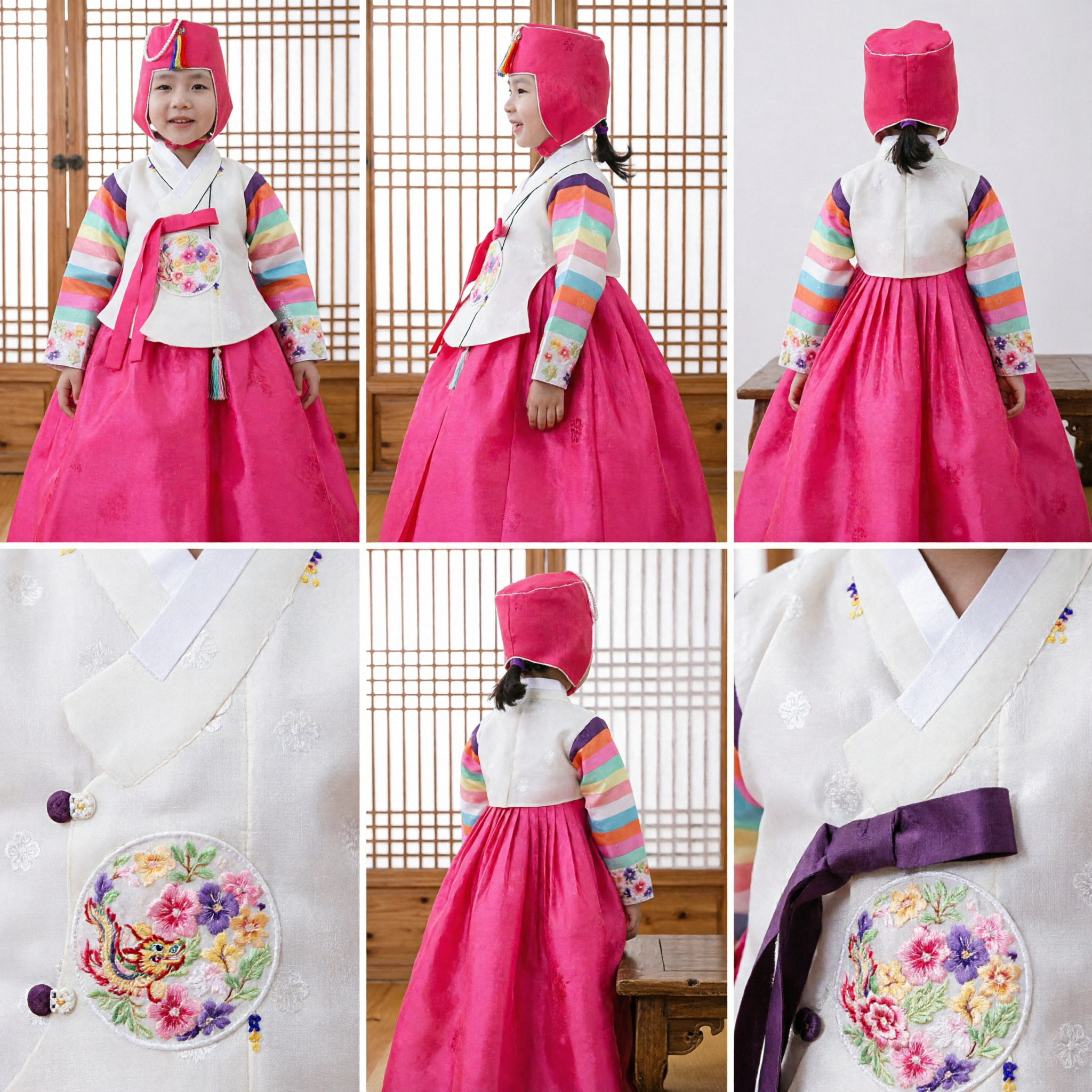 Girls Traditional Korean Hanbok Set Rainbow Striped Jeogori Pink Chima Skirt for Birthday Festivals - Asian Costume