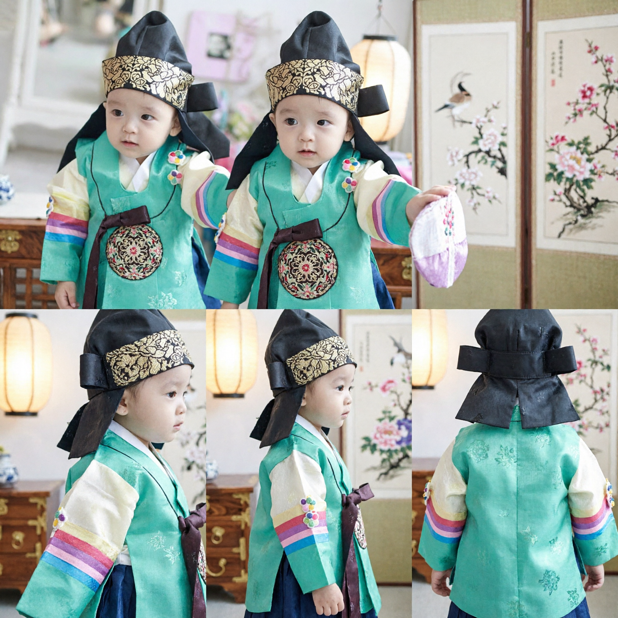 Traditional Korean Hanbok Baby Boy Costume Set with Gold Embroidered Hat for First Birthday Doljanchi - Asian Costume