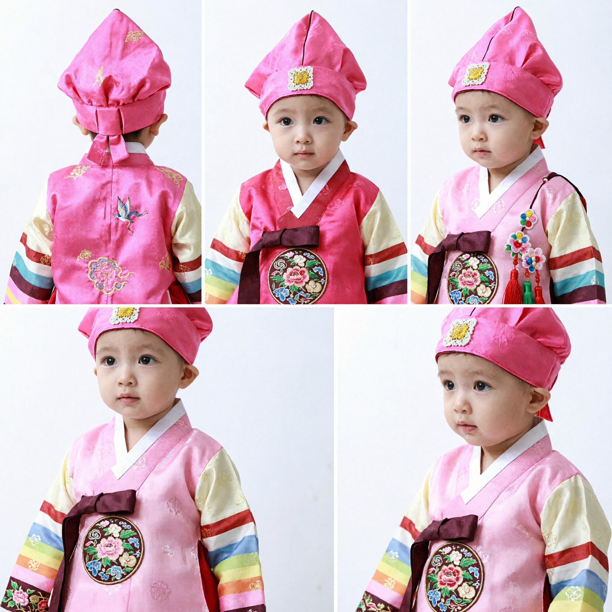 Traditional Korean Baby Hanbok Hat Pink Pointed Cap with Auspicious Badge for Dol Celebration Costume - Asian Costume