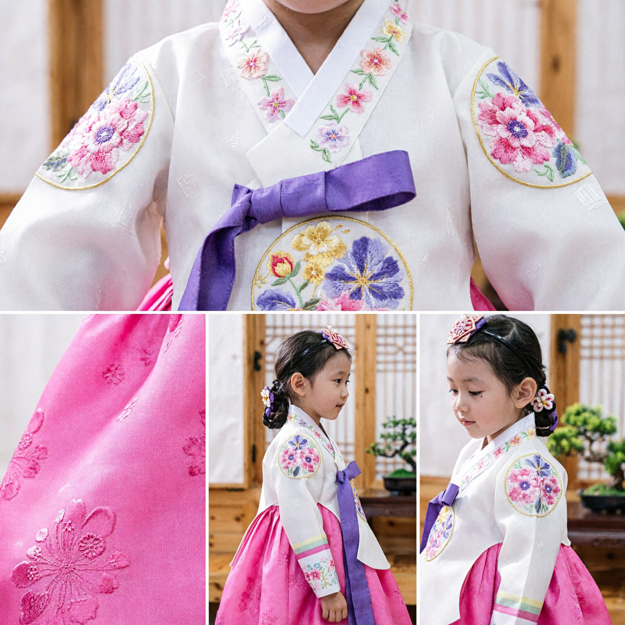 Traditional Korean Hanbok Set for Girls White Floral Jeogori and Pink Chima Kids Festival Costume - Asian Costume