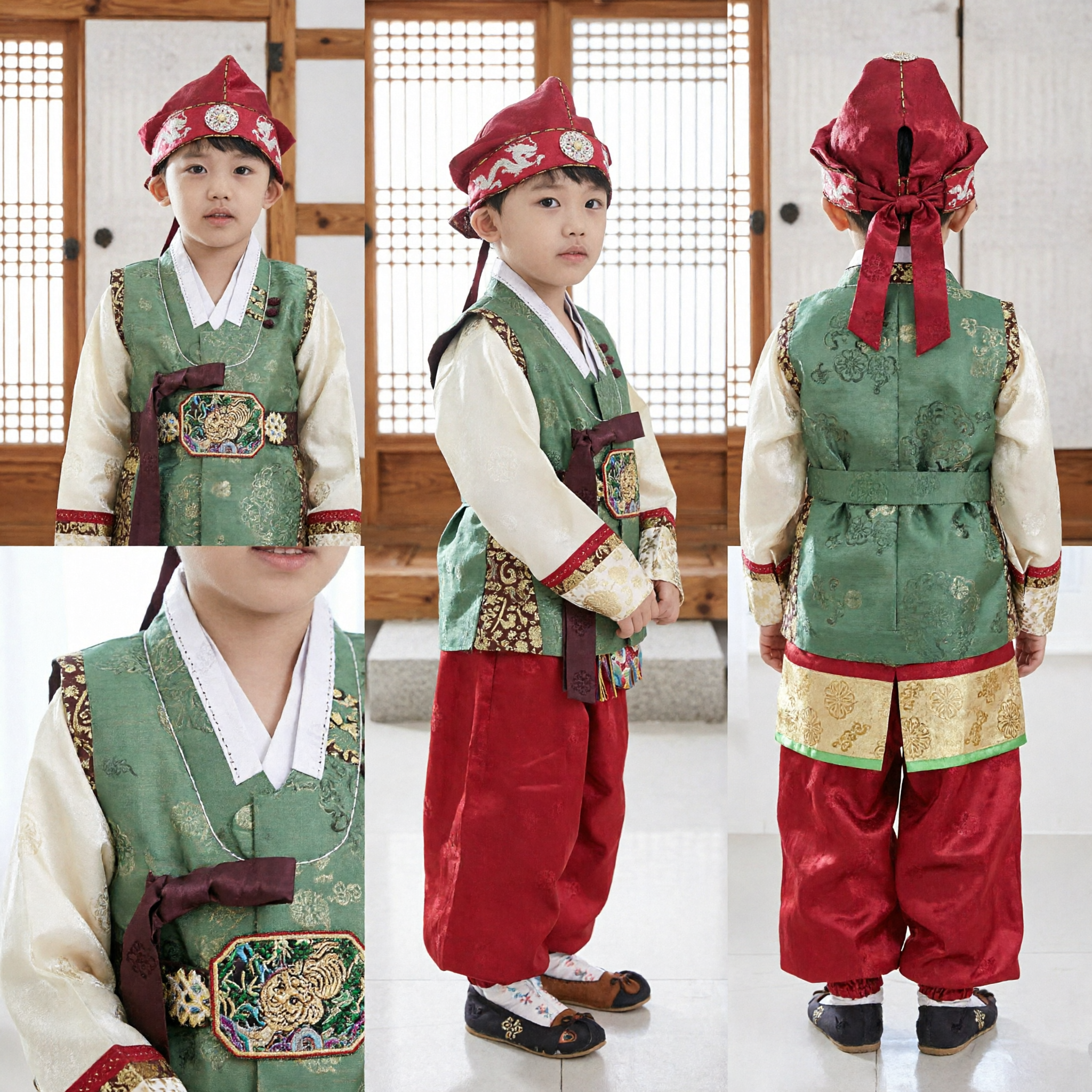 Traditional Korean Hanbok for Boys Green Embroidered Vest Red Pants and Hat Set for First Birthday Doljanchi - Asian Costume